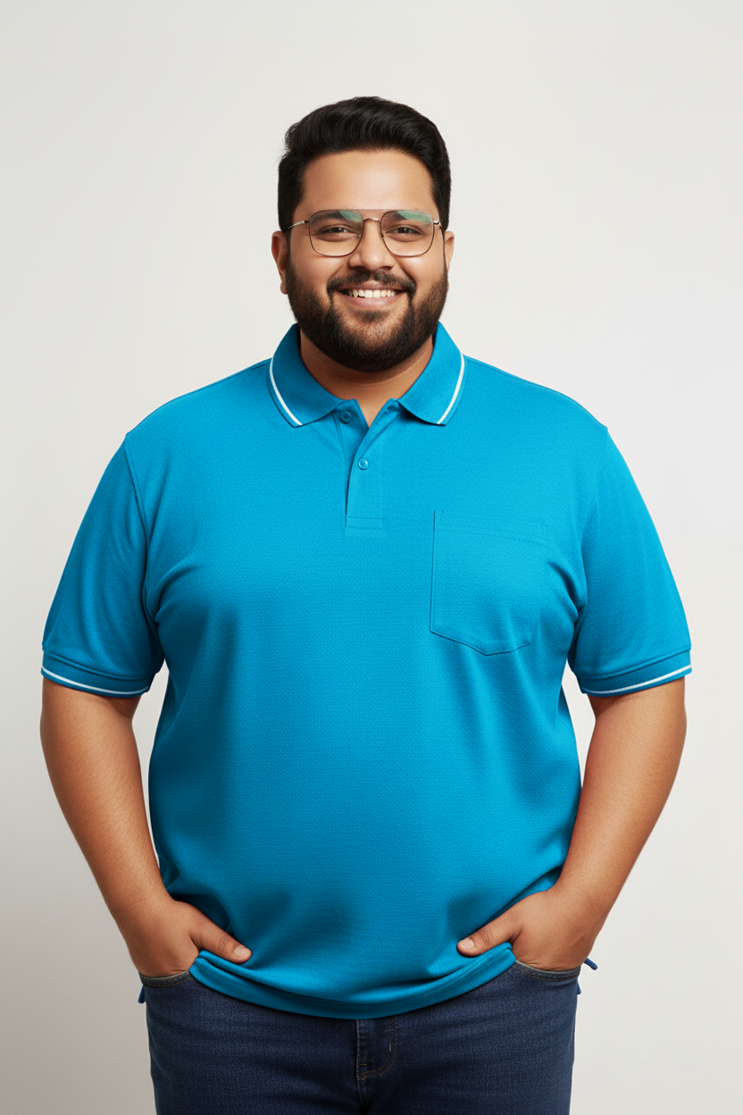 Plus Size Mens Collar T shirt with Pocket Light Blue
