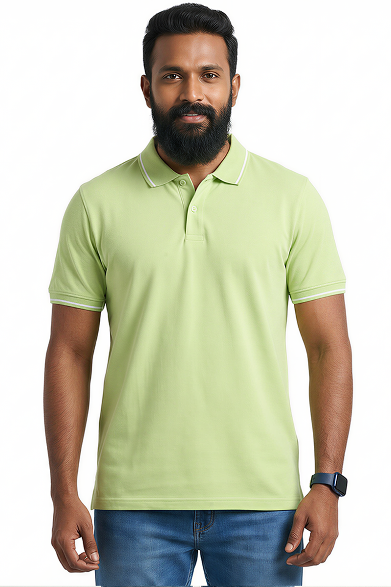 Men Cotton Light Green Collar Neck T-shirt