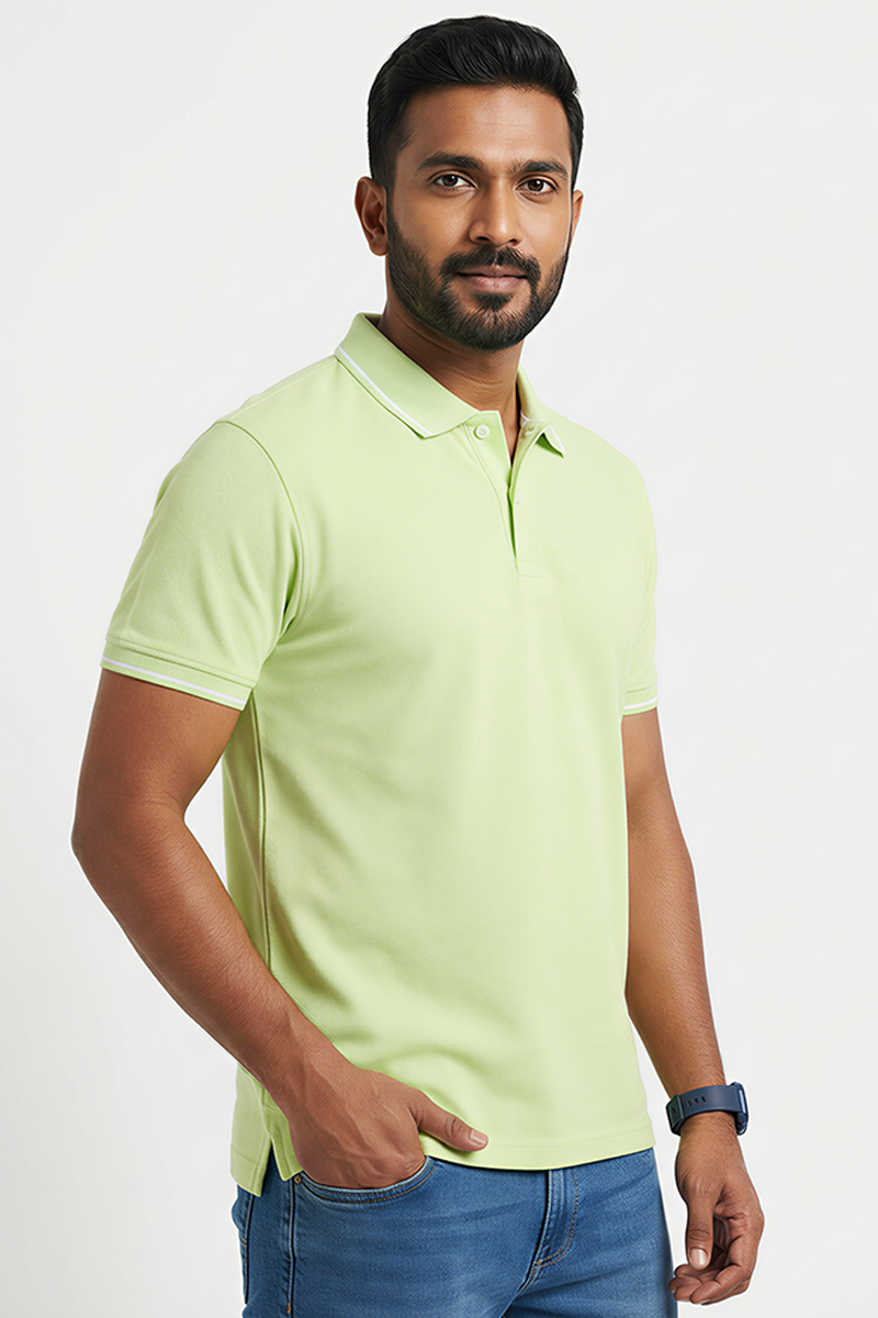 Men Cotton Light Green Collar Neck T-shirt