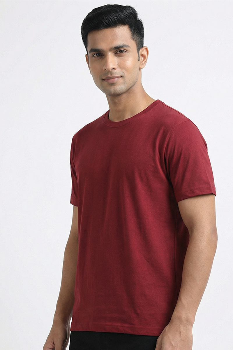 Men Cotton Maroon Round Neck T-shirt