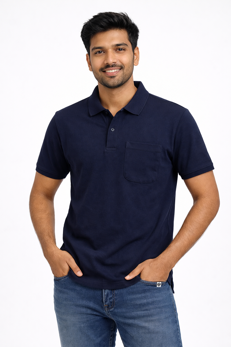 Navy Blue Collar T-shirt with Pocket