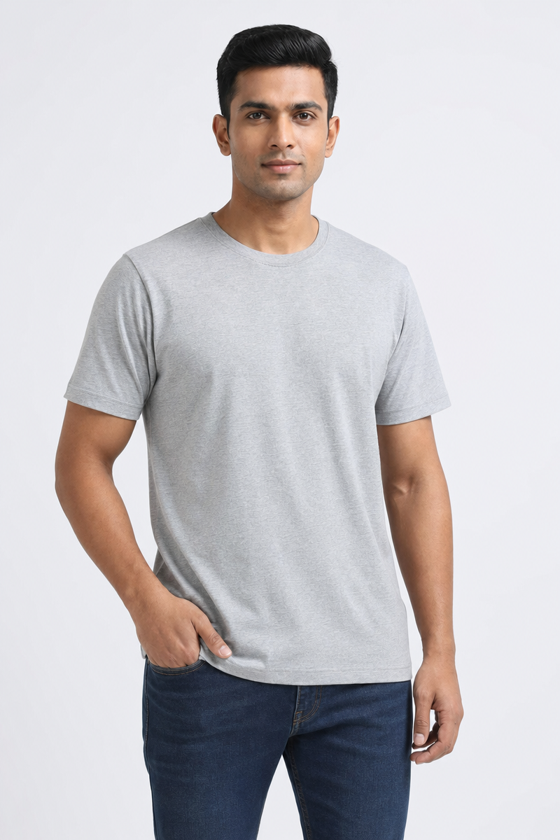 Men Cotton Melange Grey Round Neck T-shirt