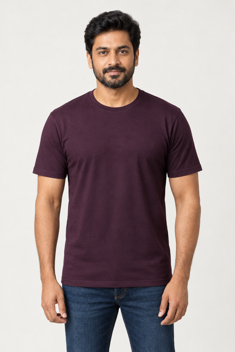 Wine Cotton Round Neck T-shirt