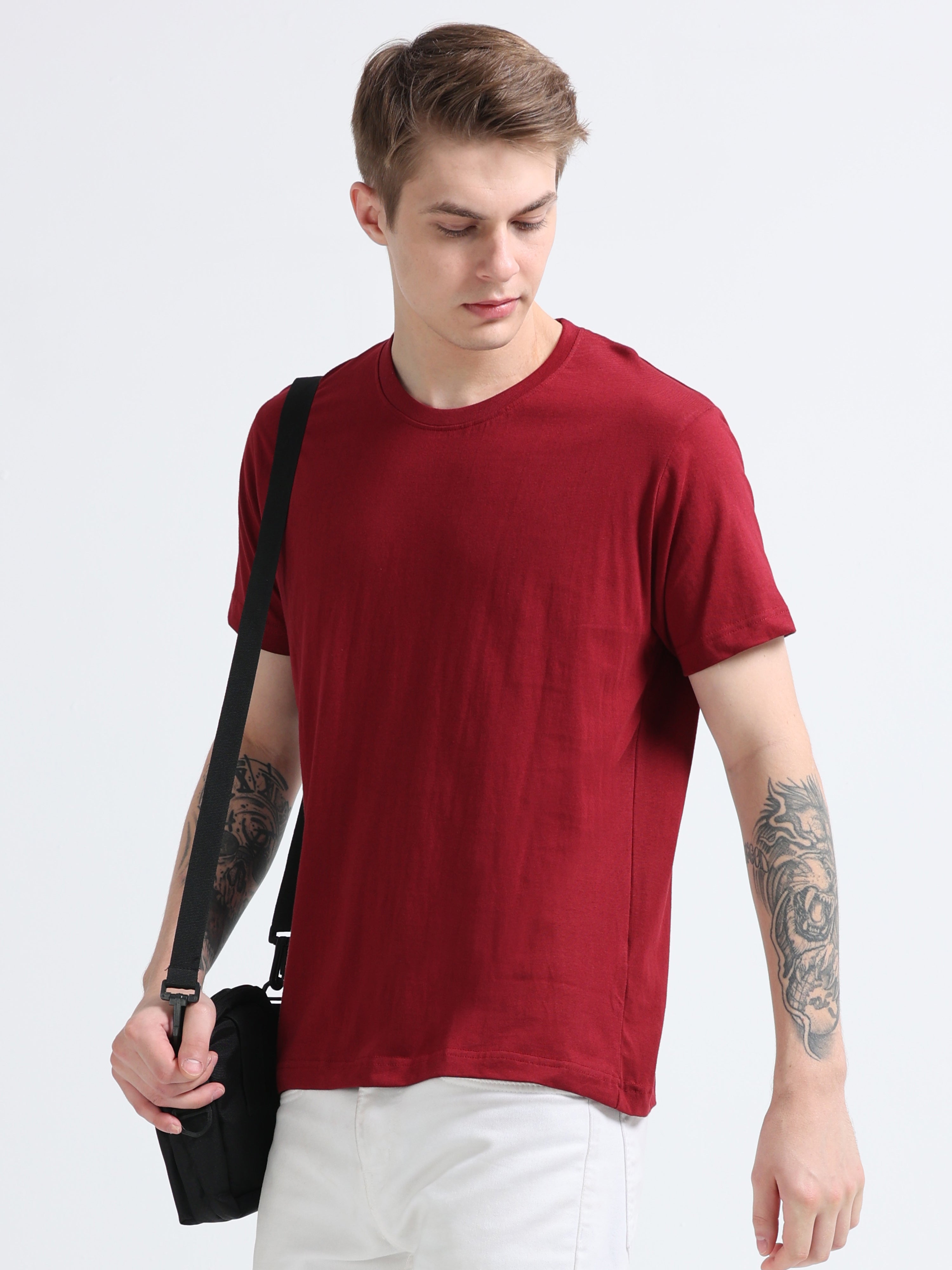 Men Cotton Maroon Round Neck T-shirt