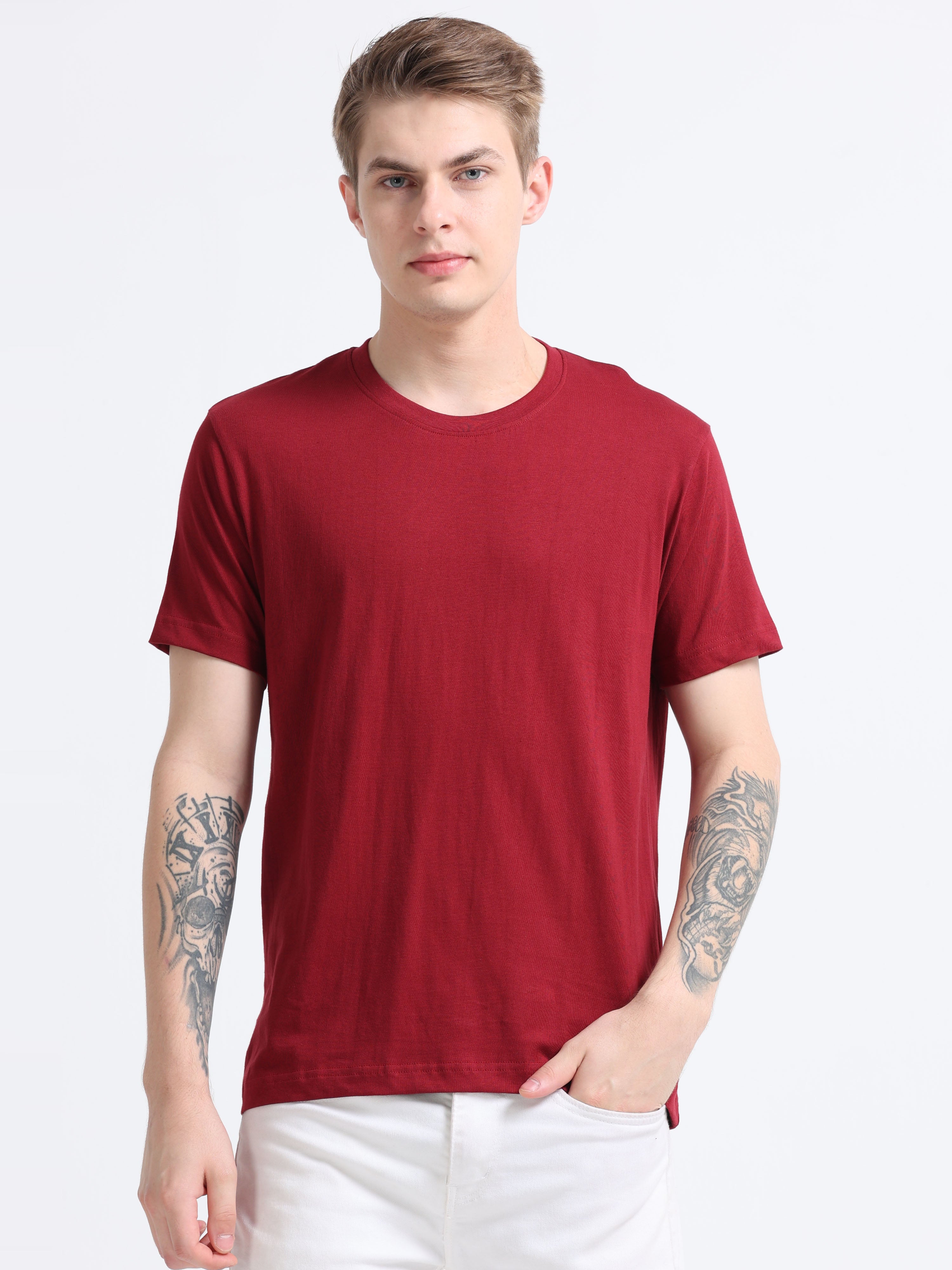 Men Cotton Maroon Round Neck T-shirt