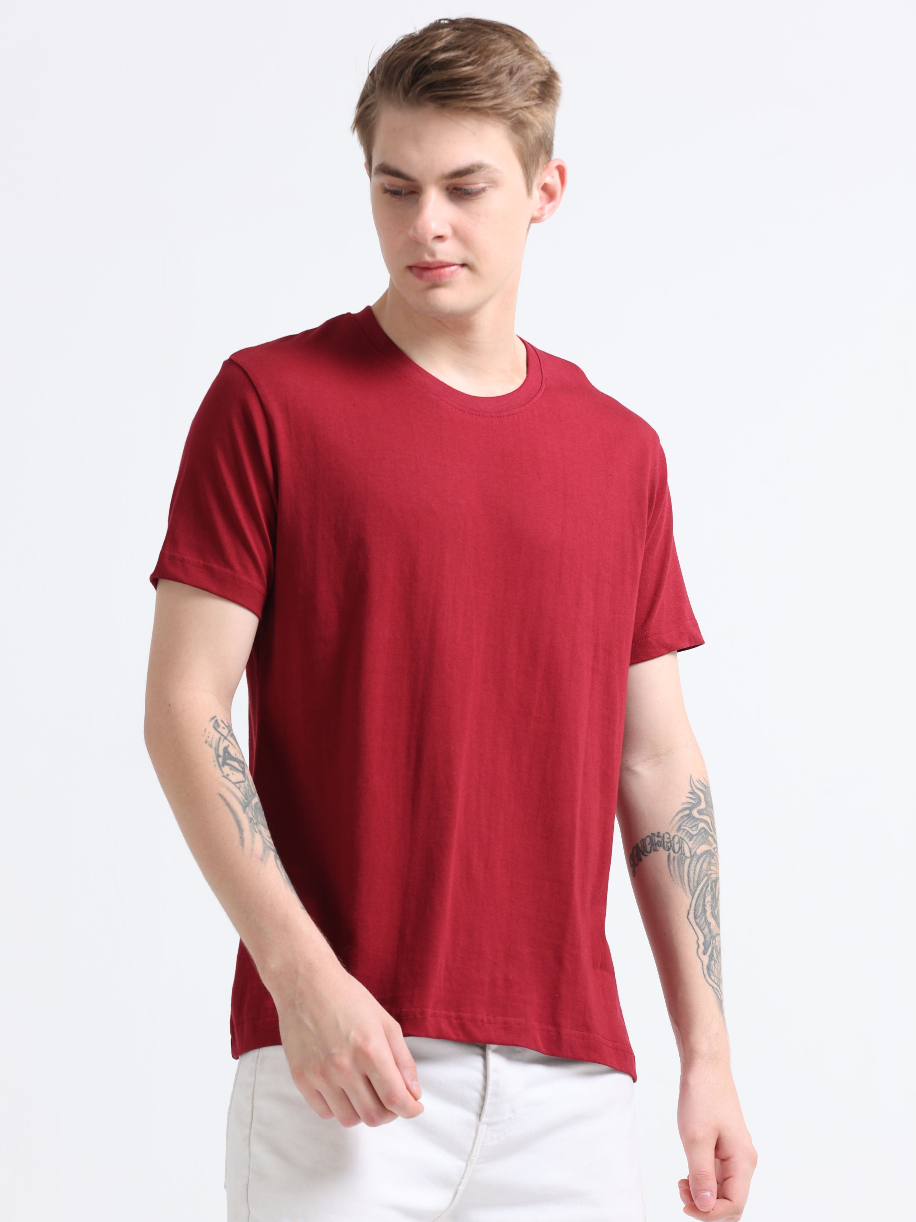 Men Cotton Maroon Round Neck T-shirt