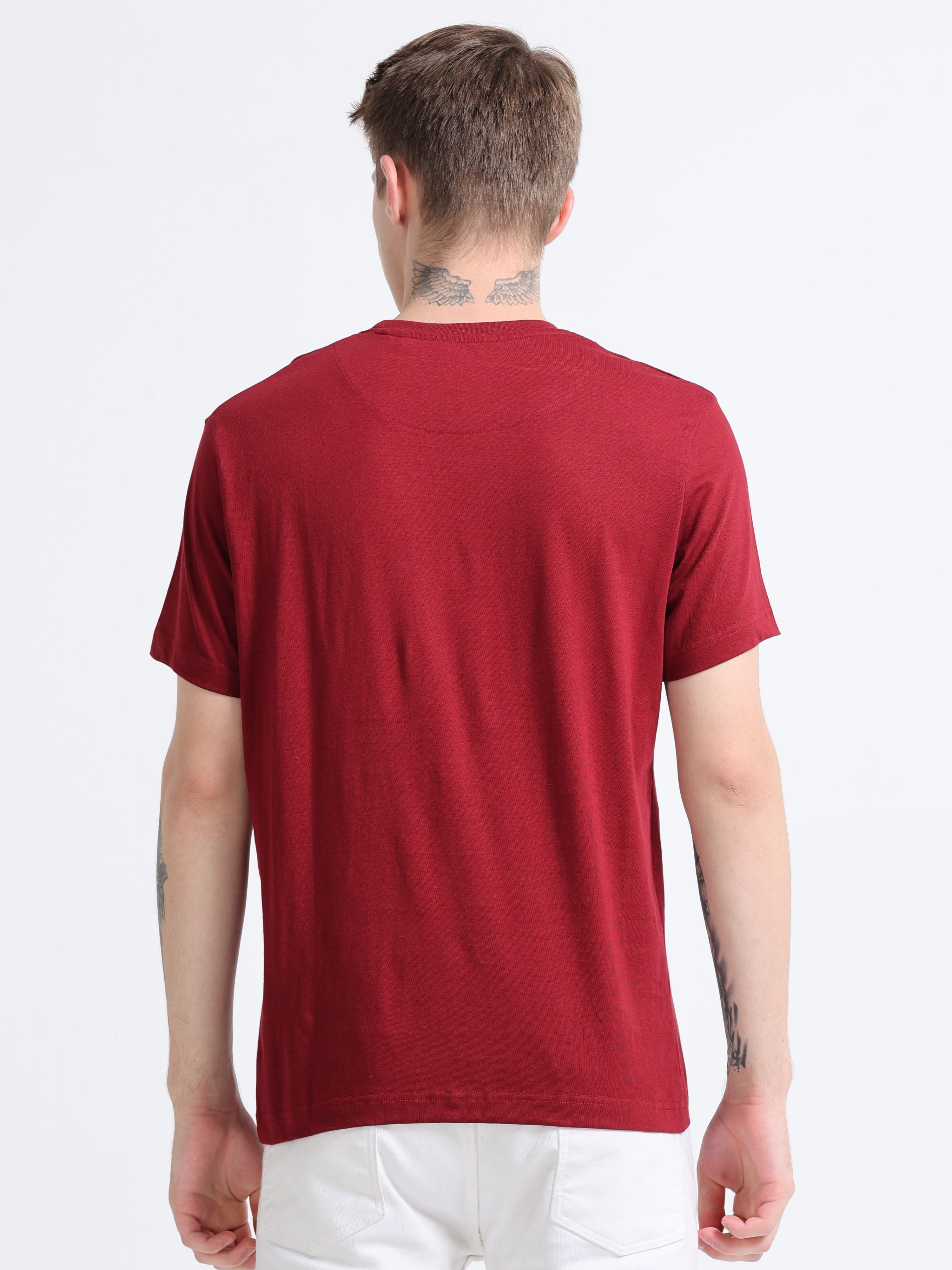 Men Cotton Maroon Round Neck T-shirt