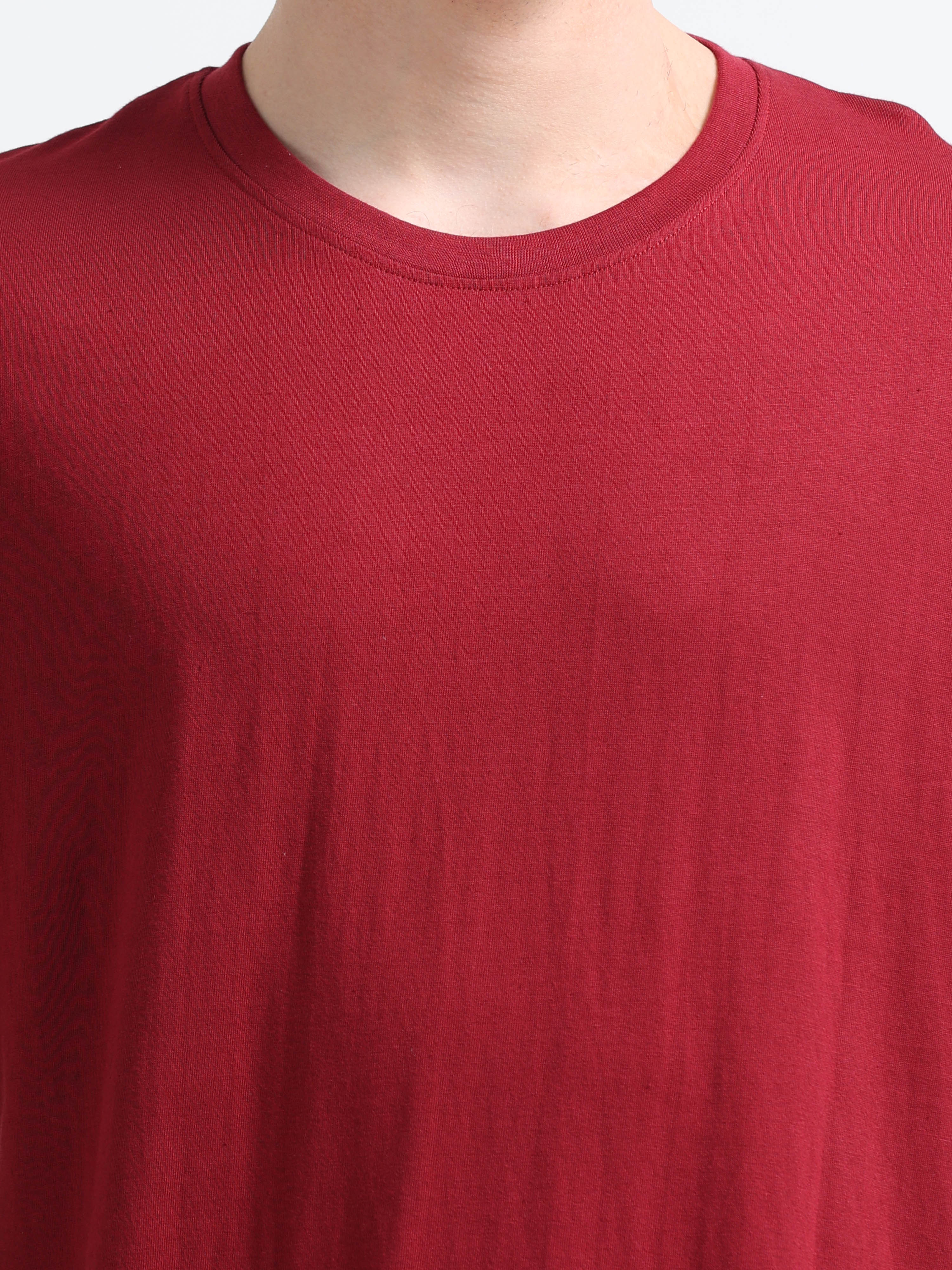 Men Cotton Maroon Round Neck T-shirt