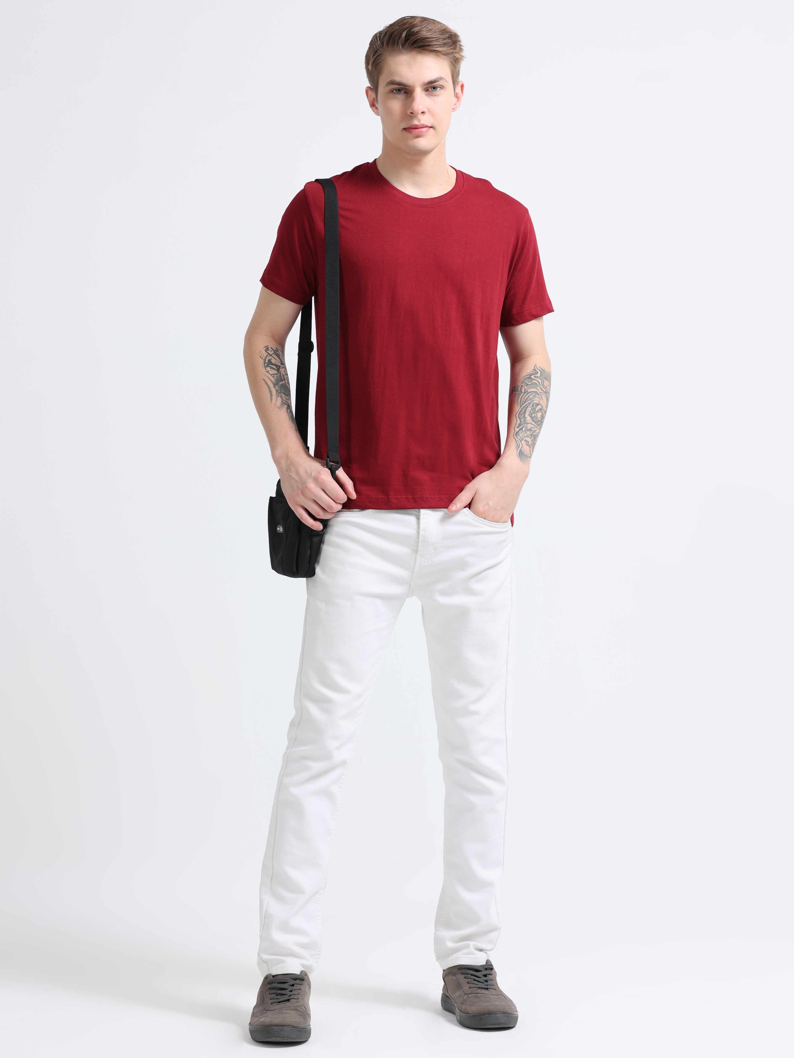 Men Cotton Maroon Round Neck T-shirt