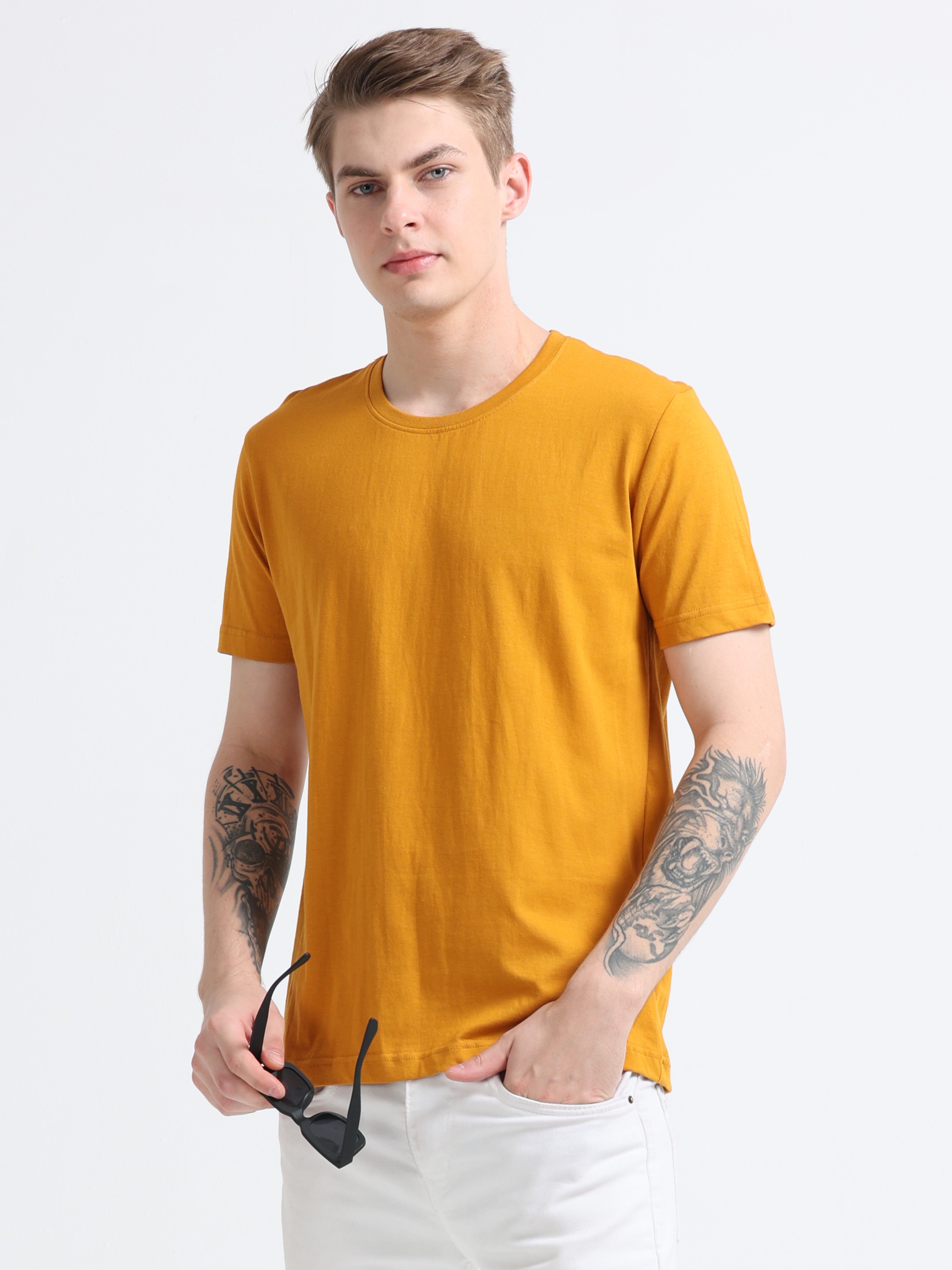 Men Cotton Mustard Round Neck T-shirt