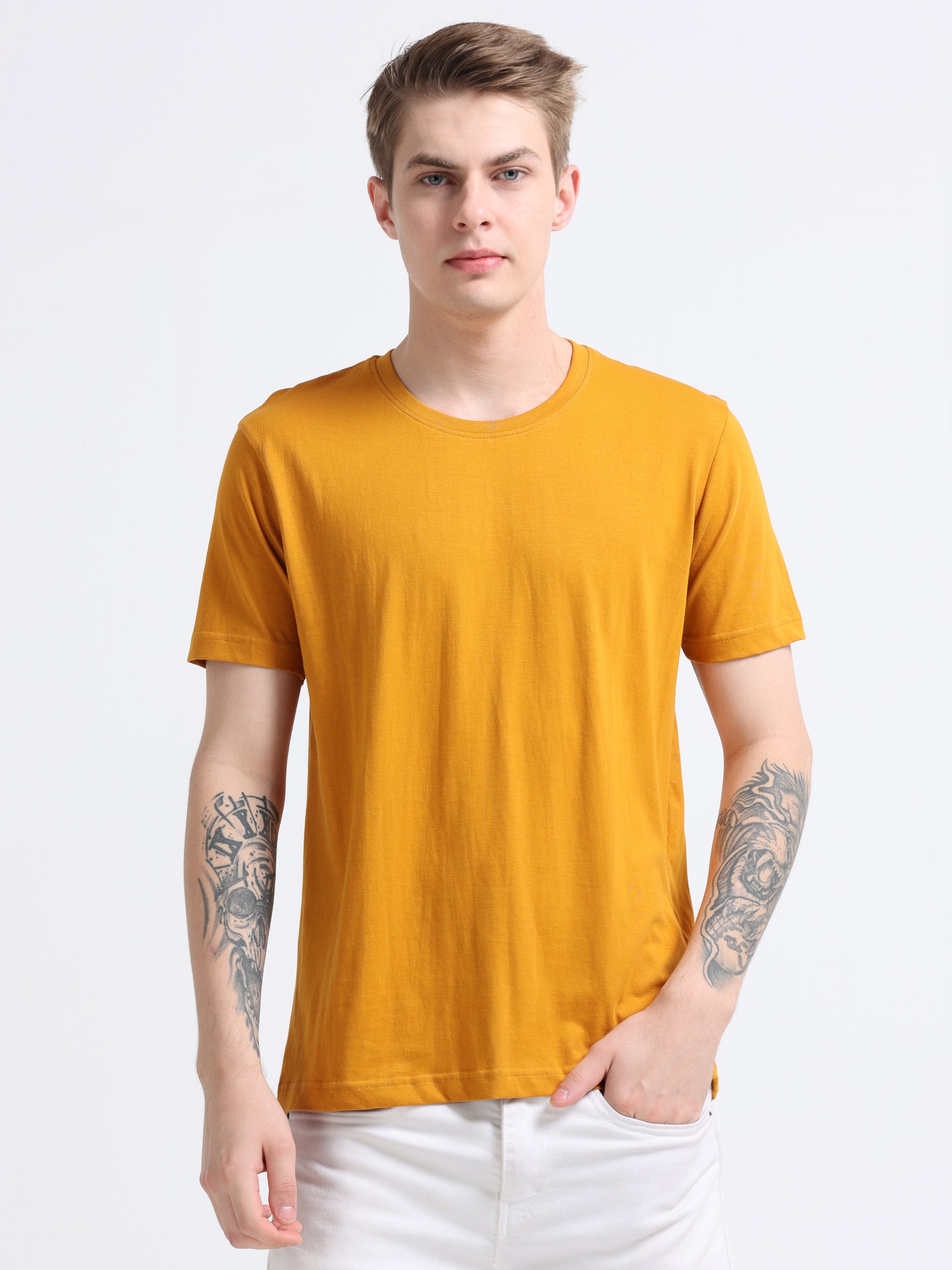 Men Cotton Mustard Round Neck T-shirt