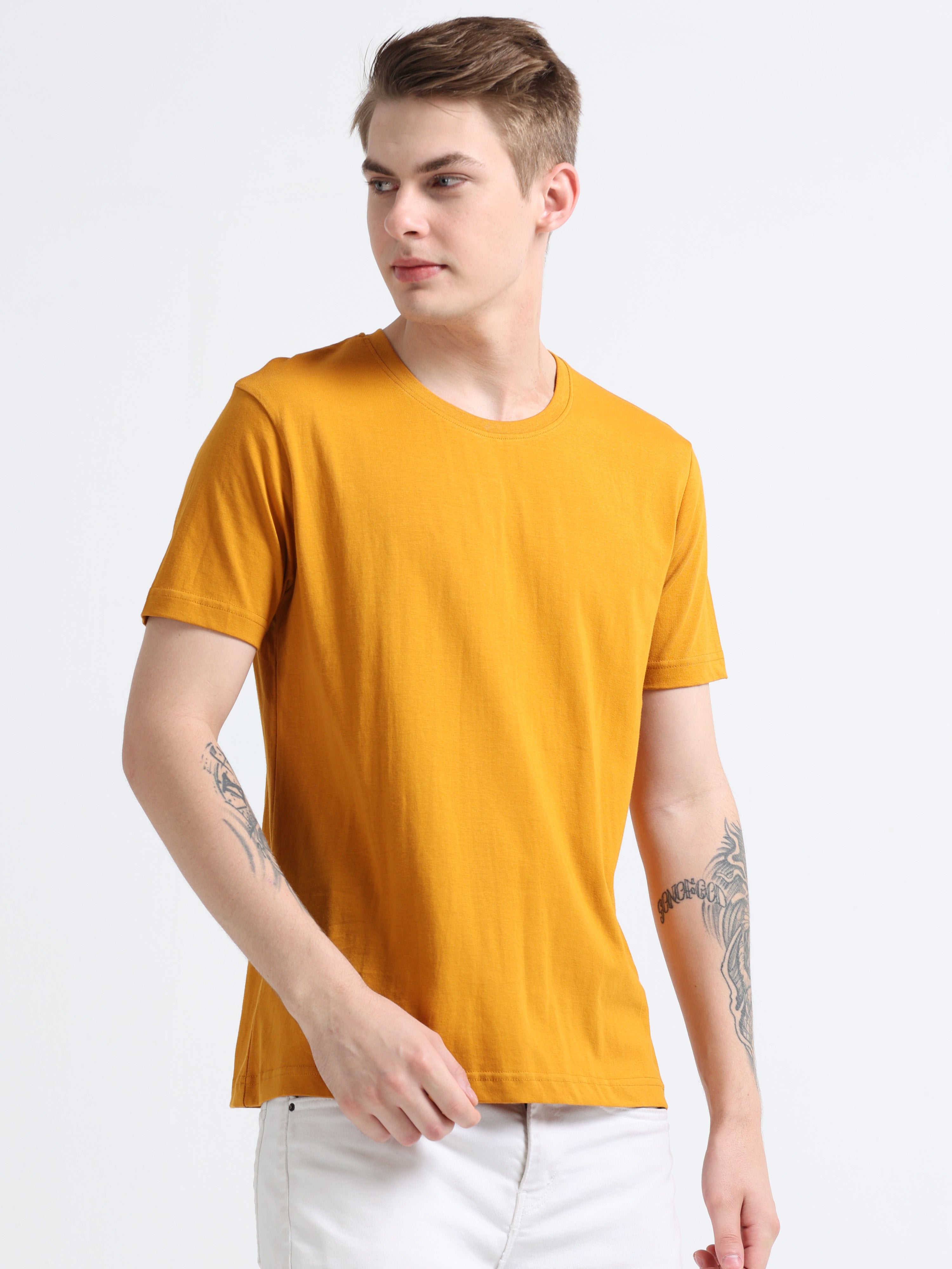 Men Cotton Mustard Round Neck T-shirt