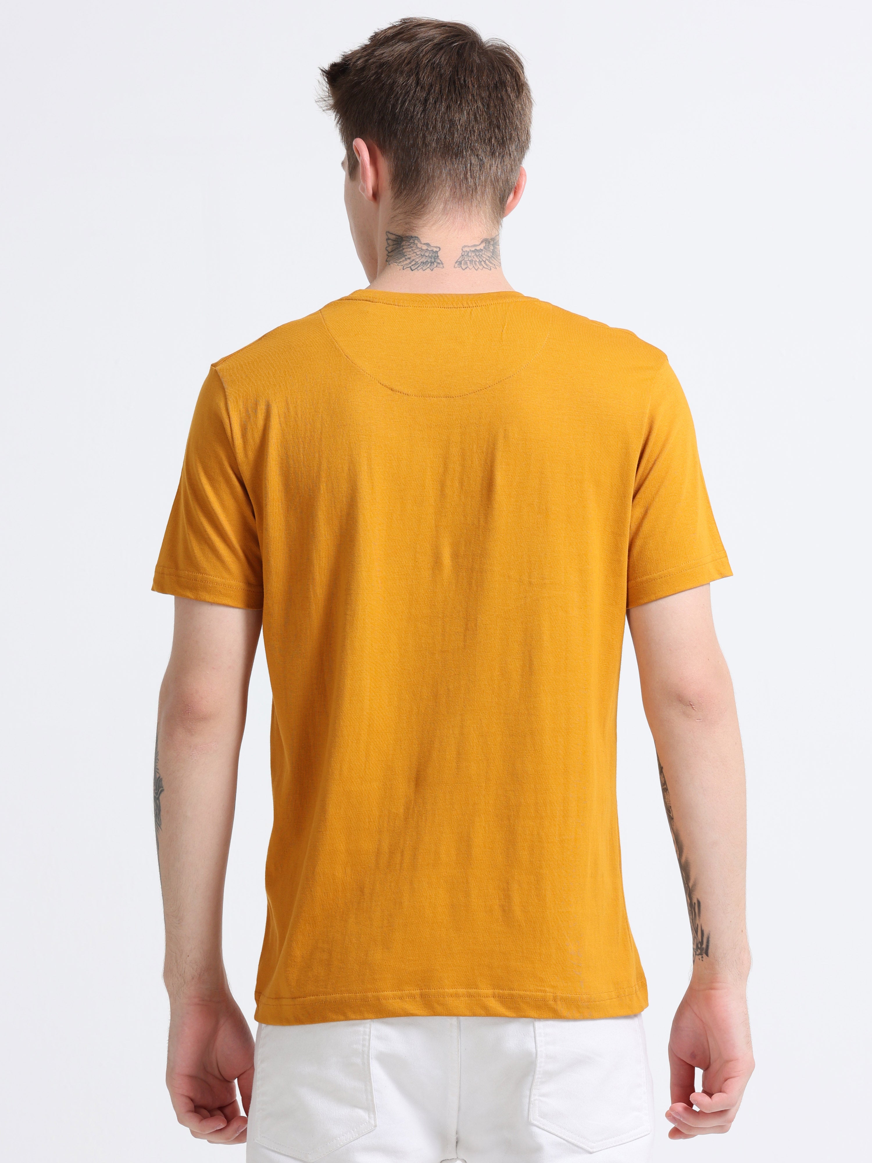 Men Cotton Mustard Round Neck T-shirt