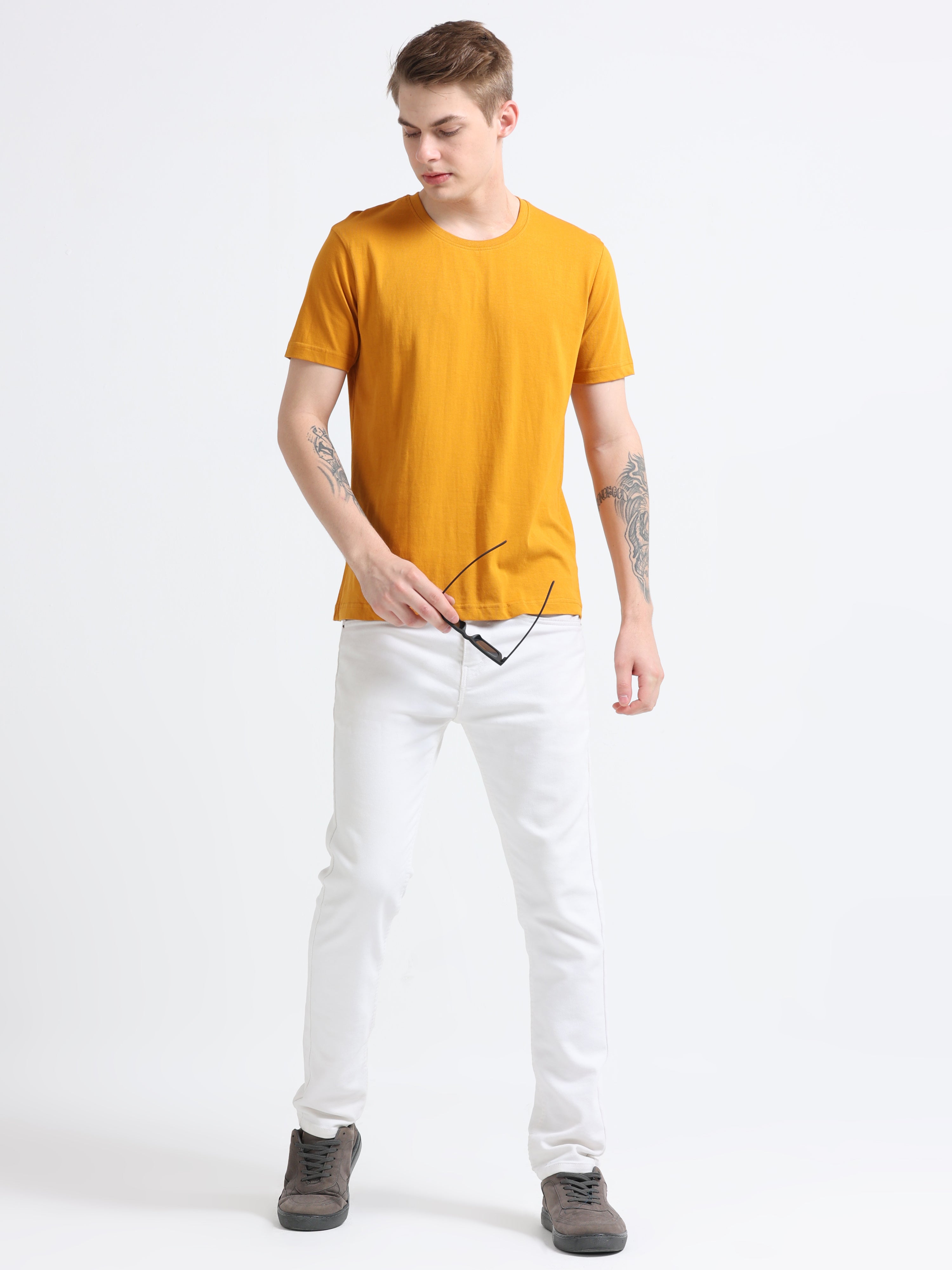 Men Cotton Mustard Round Neck T-shirt