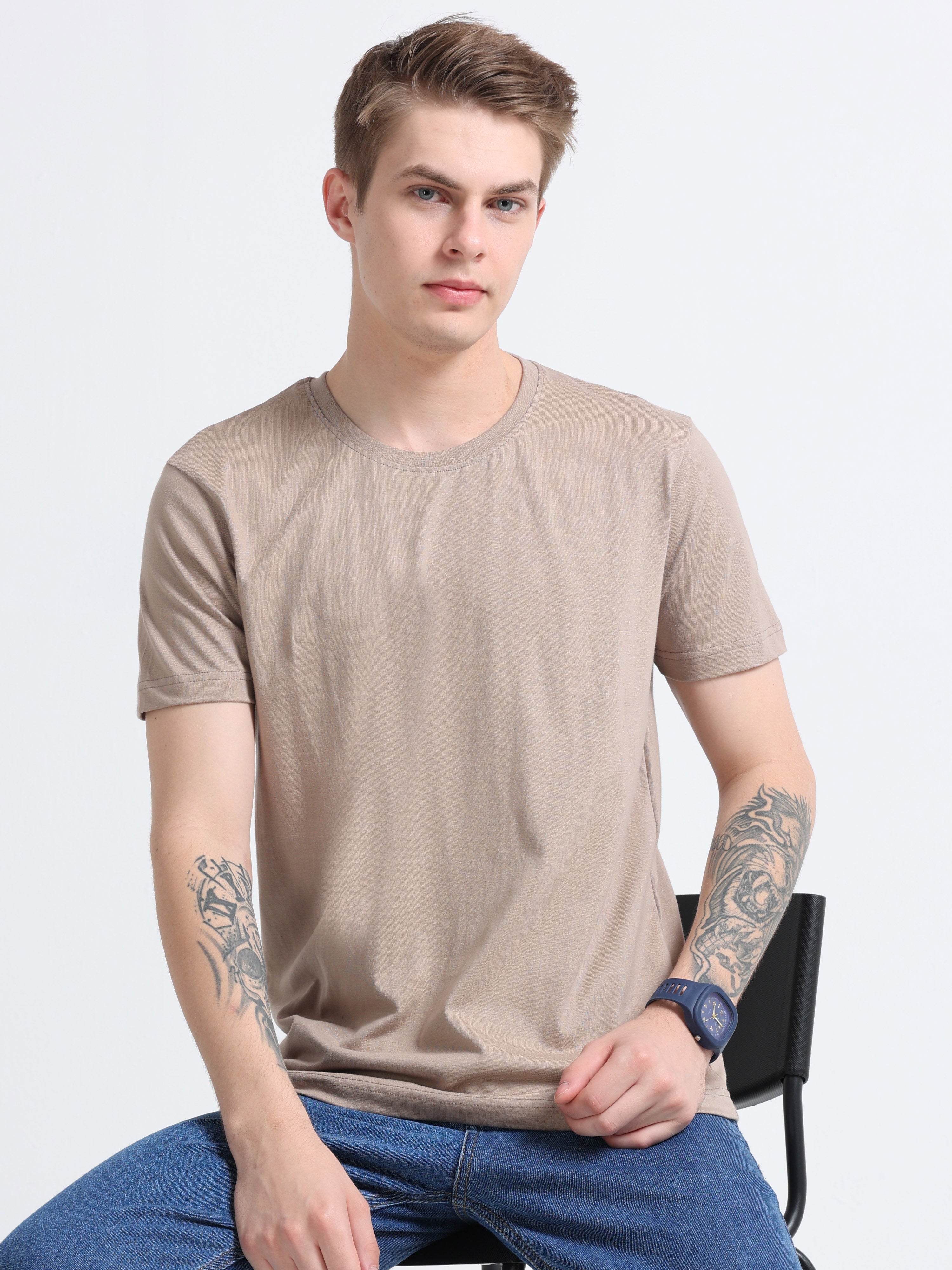 Men Cotton Chocolate Color Round Neck T-shirt