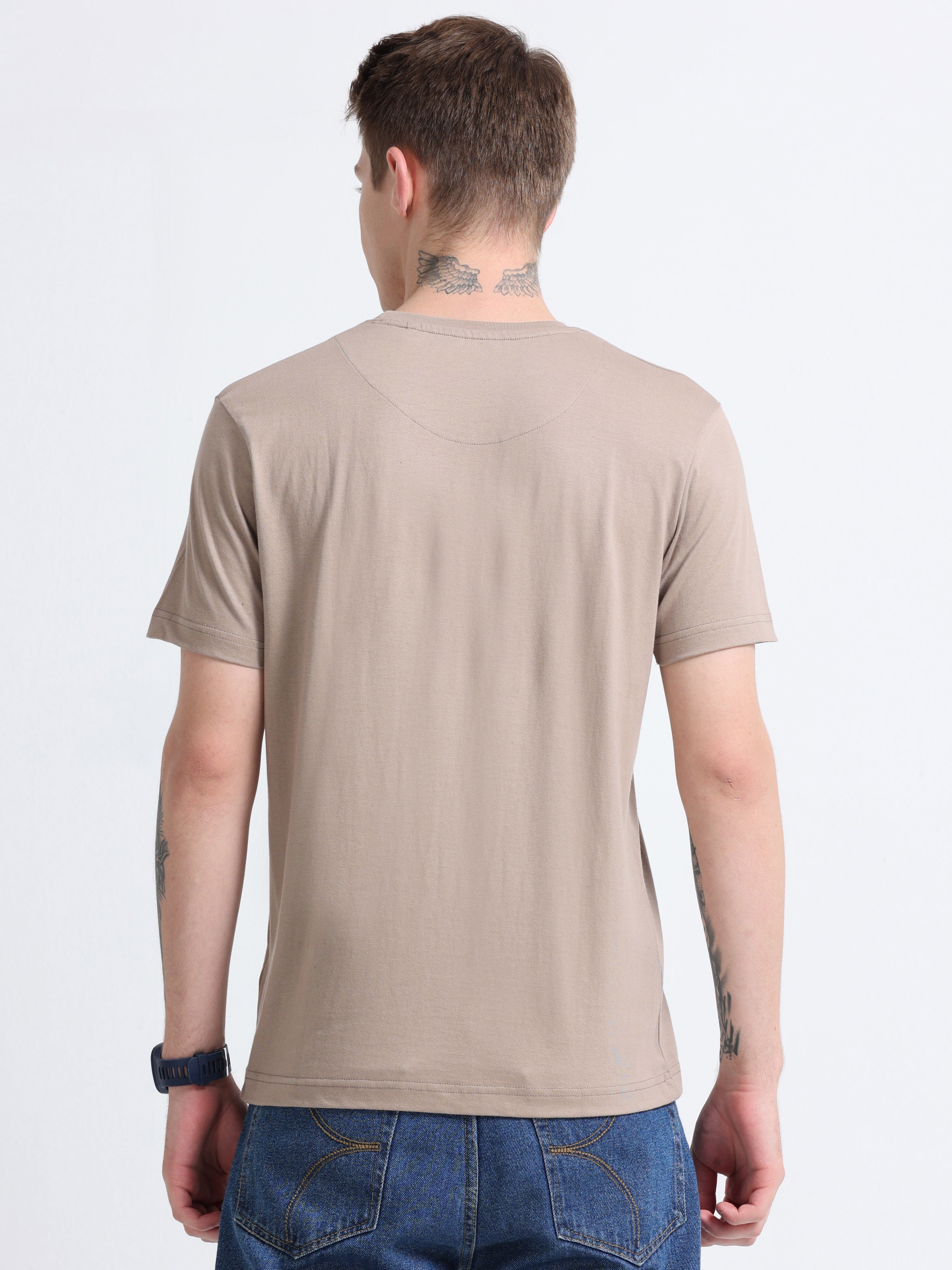 Men Cotton Chocolate Color Round Neck T-shirt