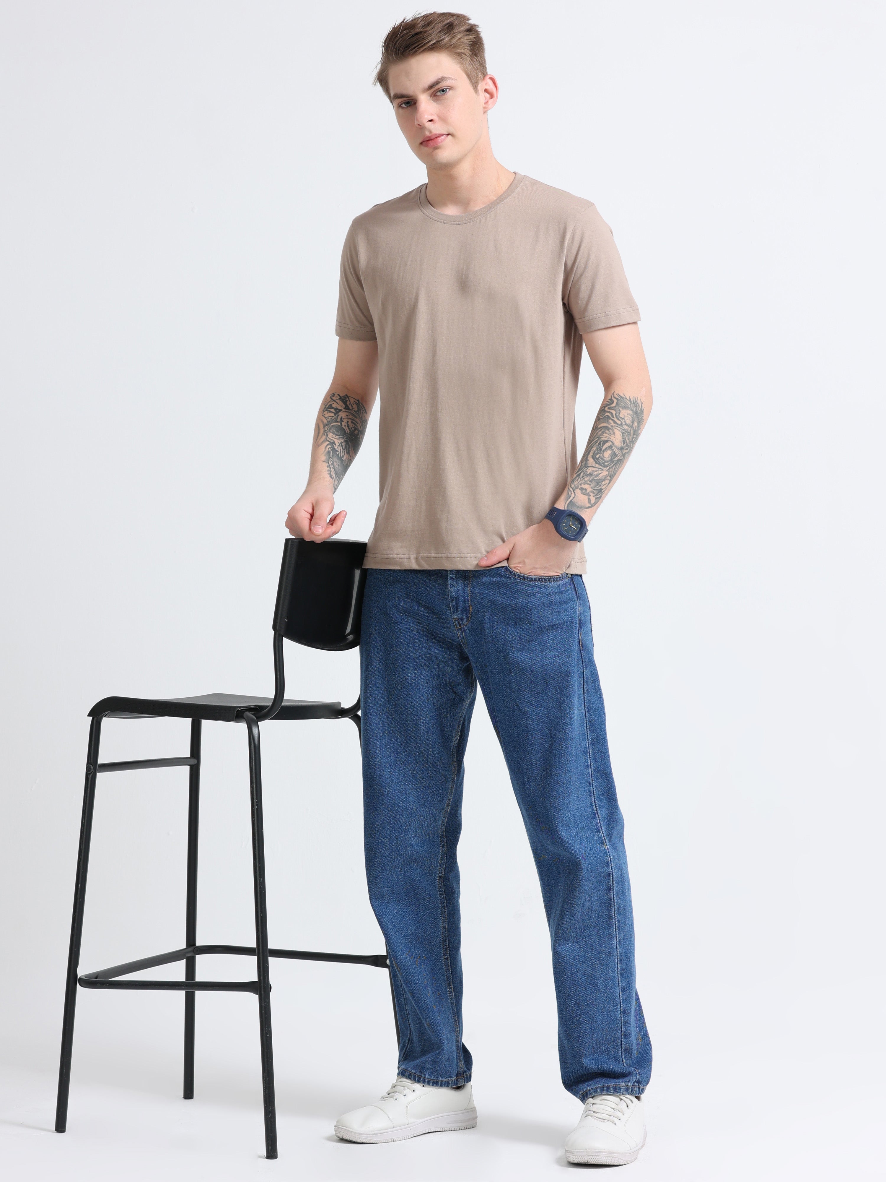 Men Cotton Chocolate Color Round Neck T-shirt