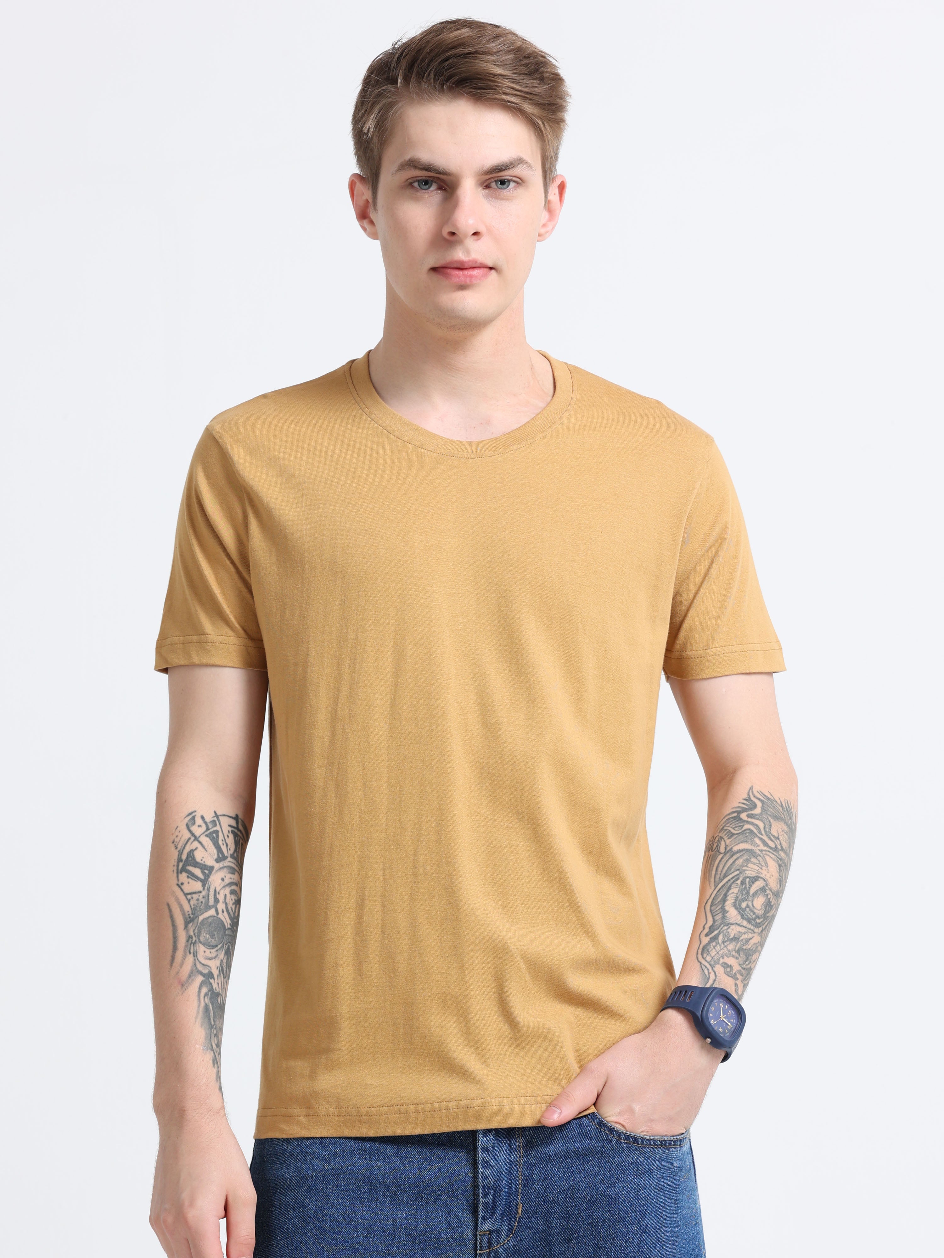 Men Cotton Biscuit Color Round Neck T-shirt