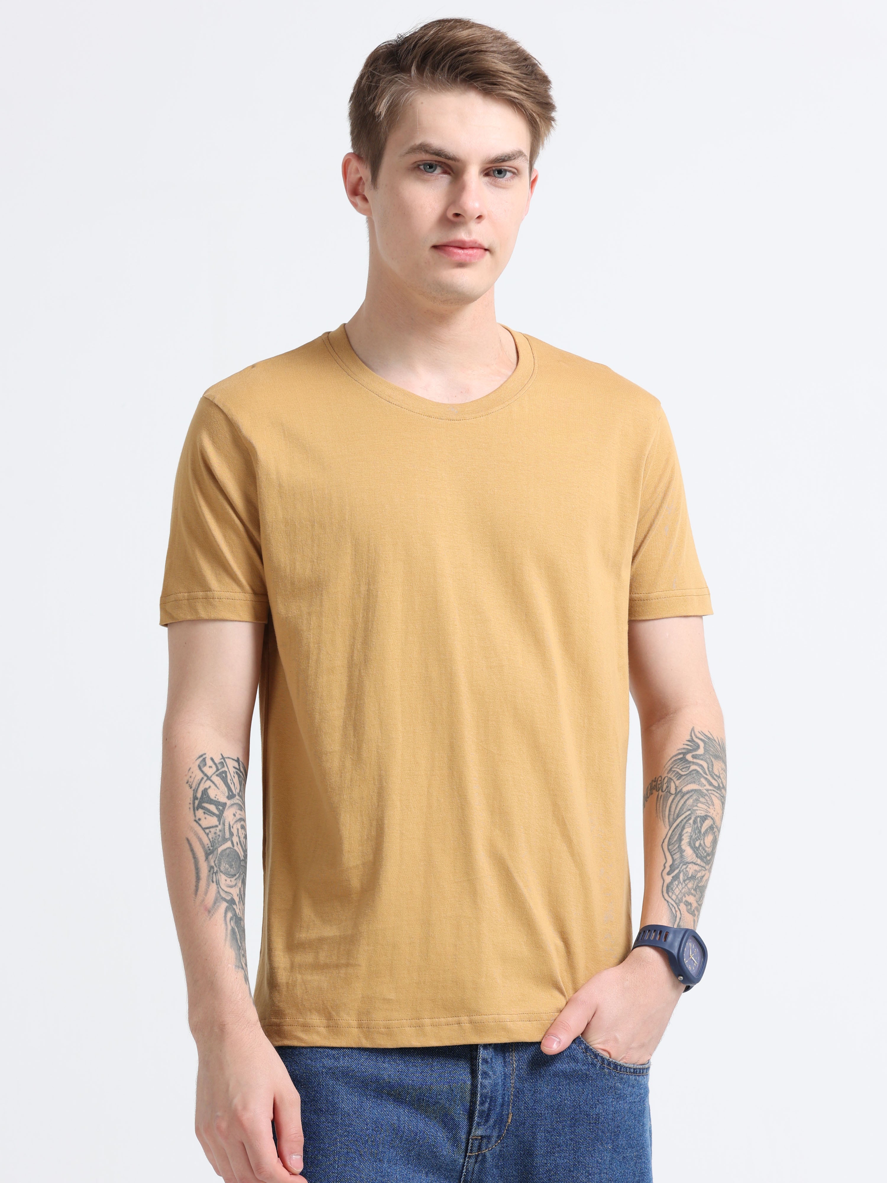 Men Cotton Biscuit Color Round Neck T-shirt