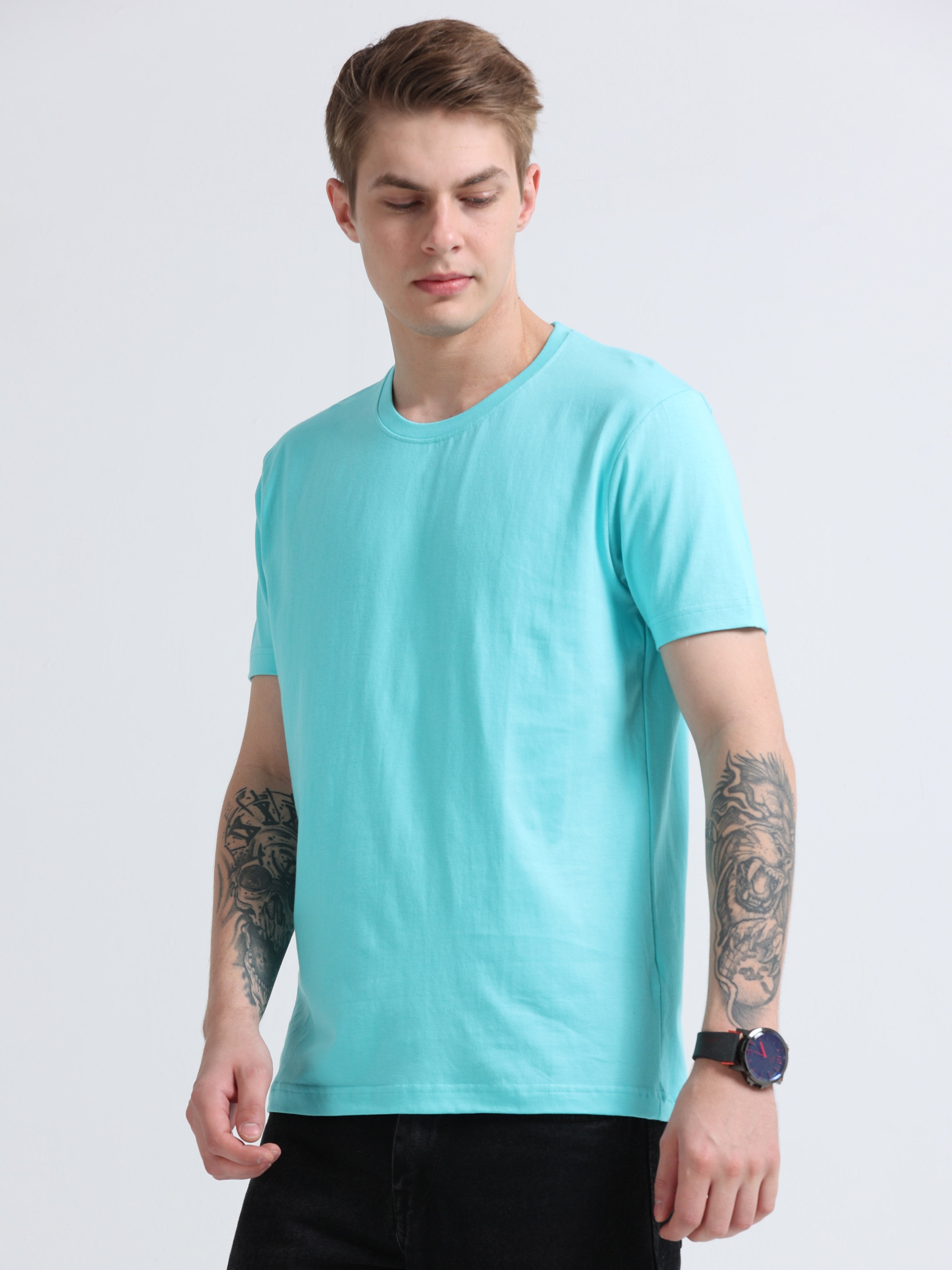 Men Cotton Aqua Blue Round Neck T-shirt