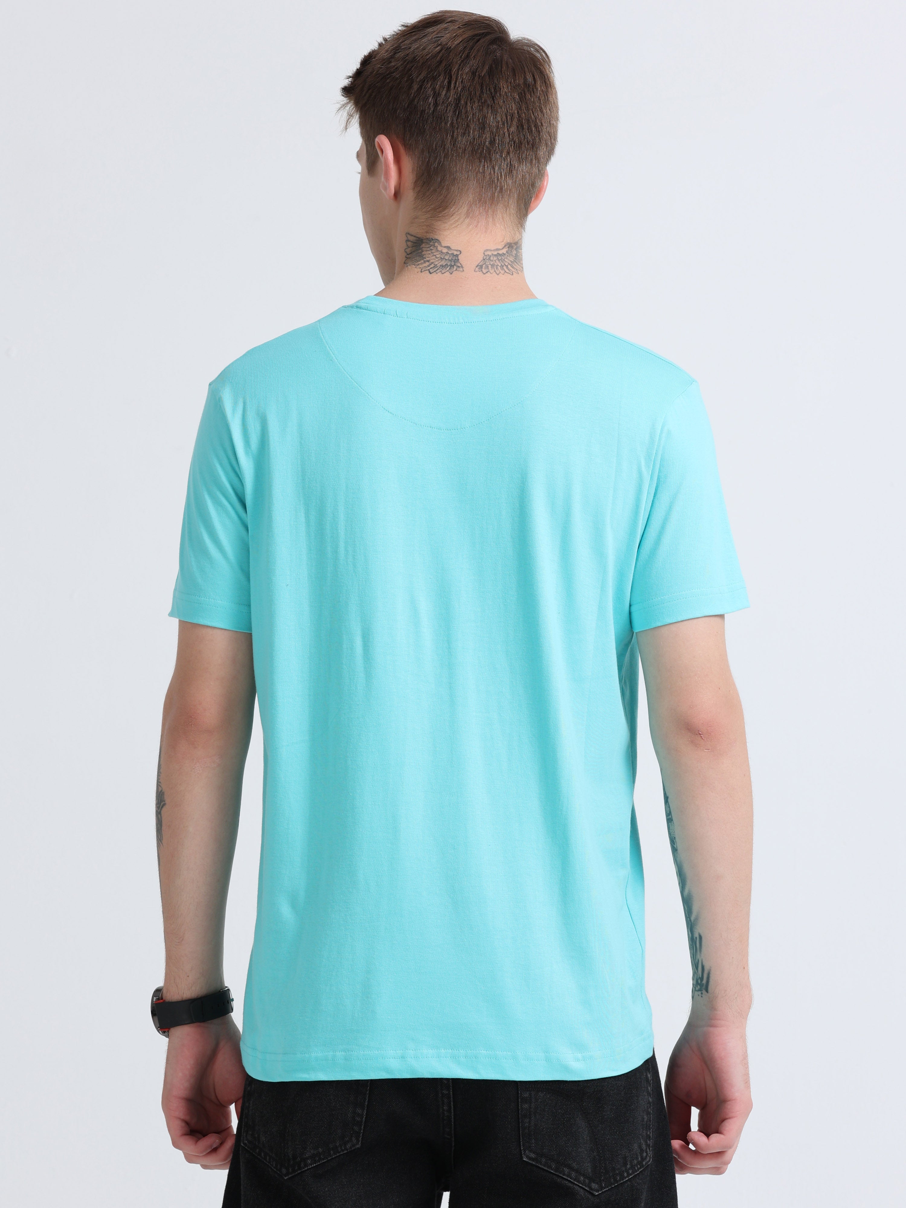 Men Cotton Aqua Blue Round Neck T-shirt