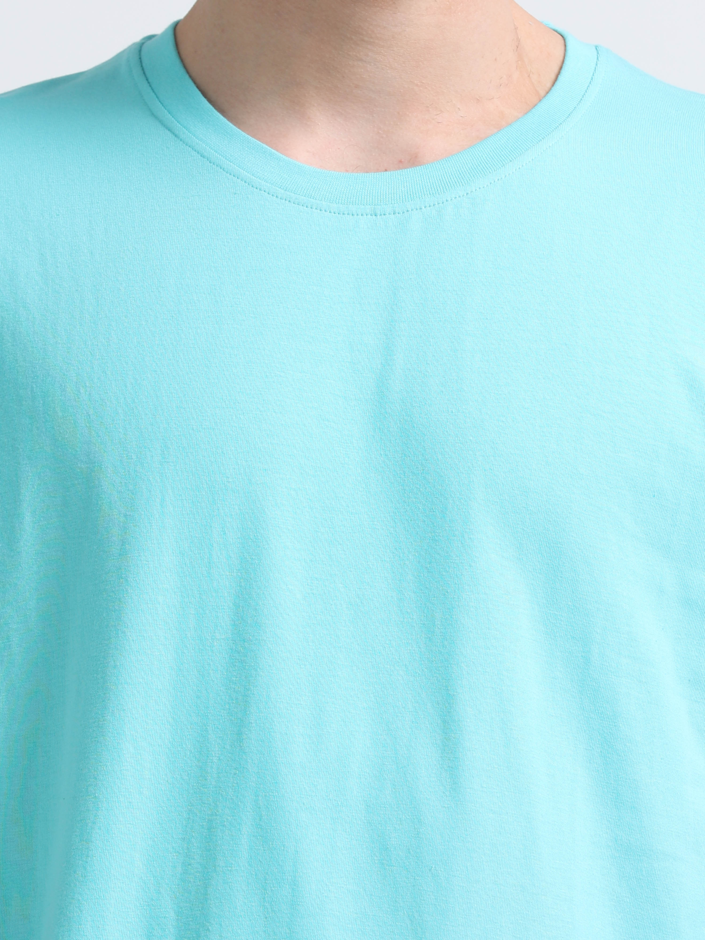 Men Cotton Aqua Blue Round Neck T-shirt