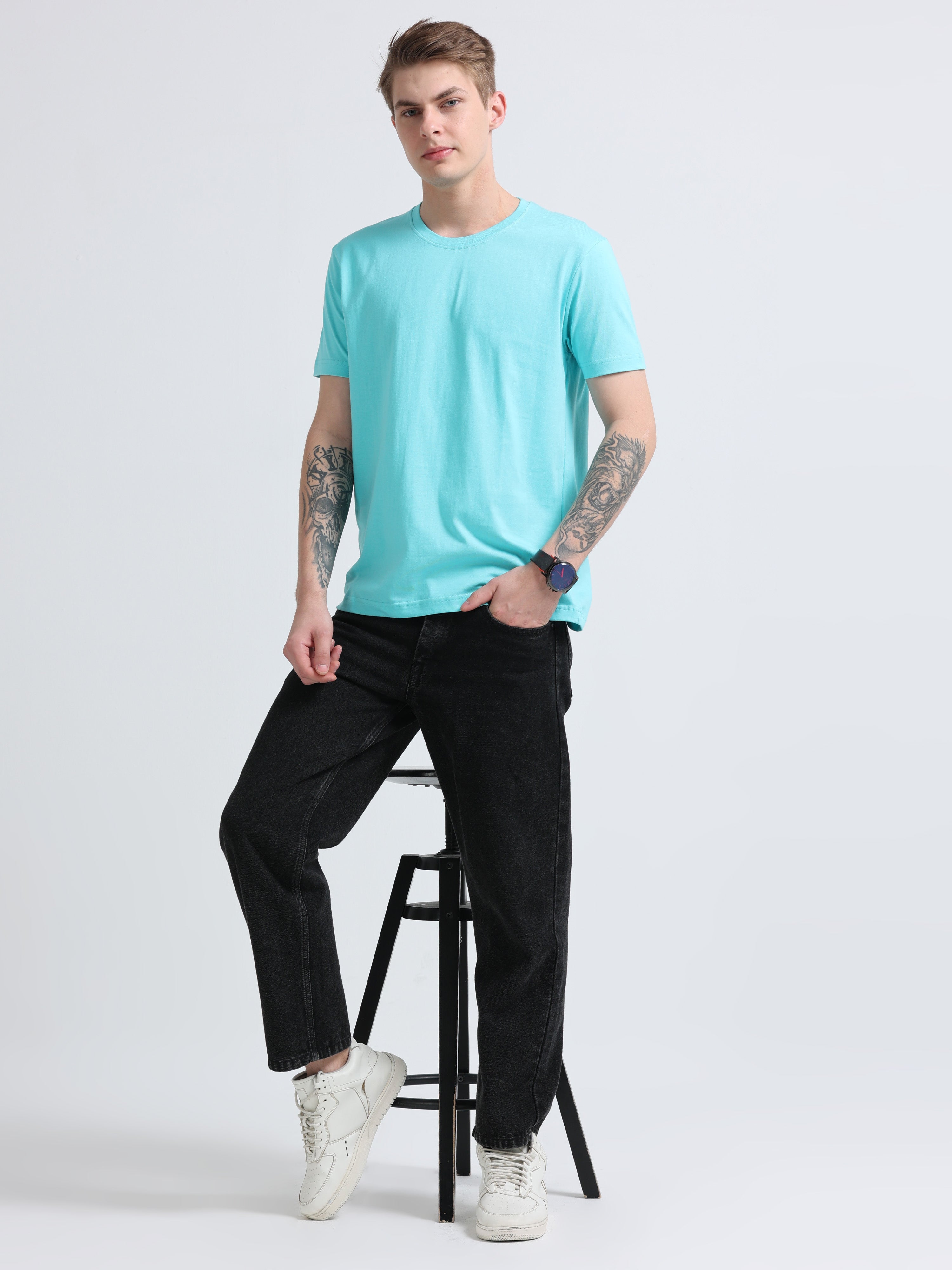 Men Cotton Aqua Blue Round Neck T-shirt