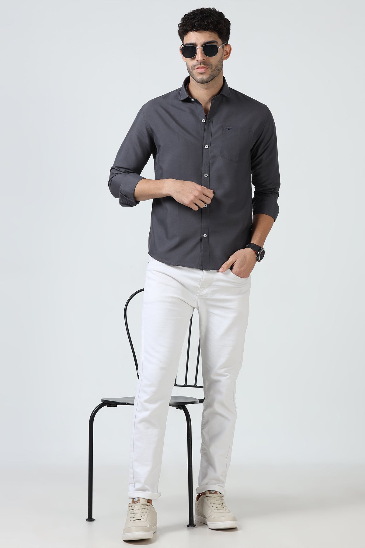 Grey Plain Cotton Solid Shirt