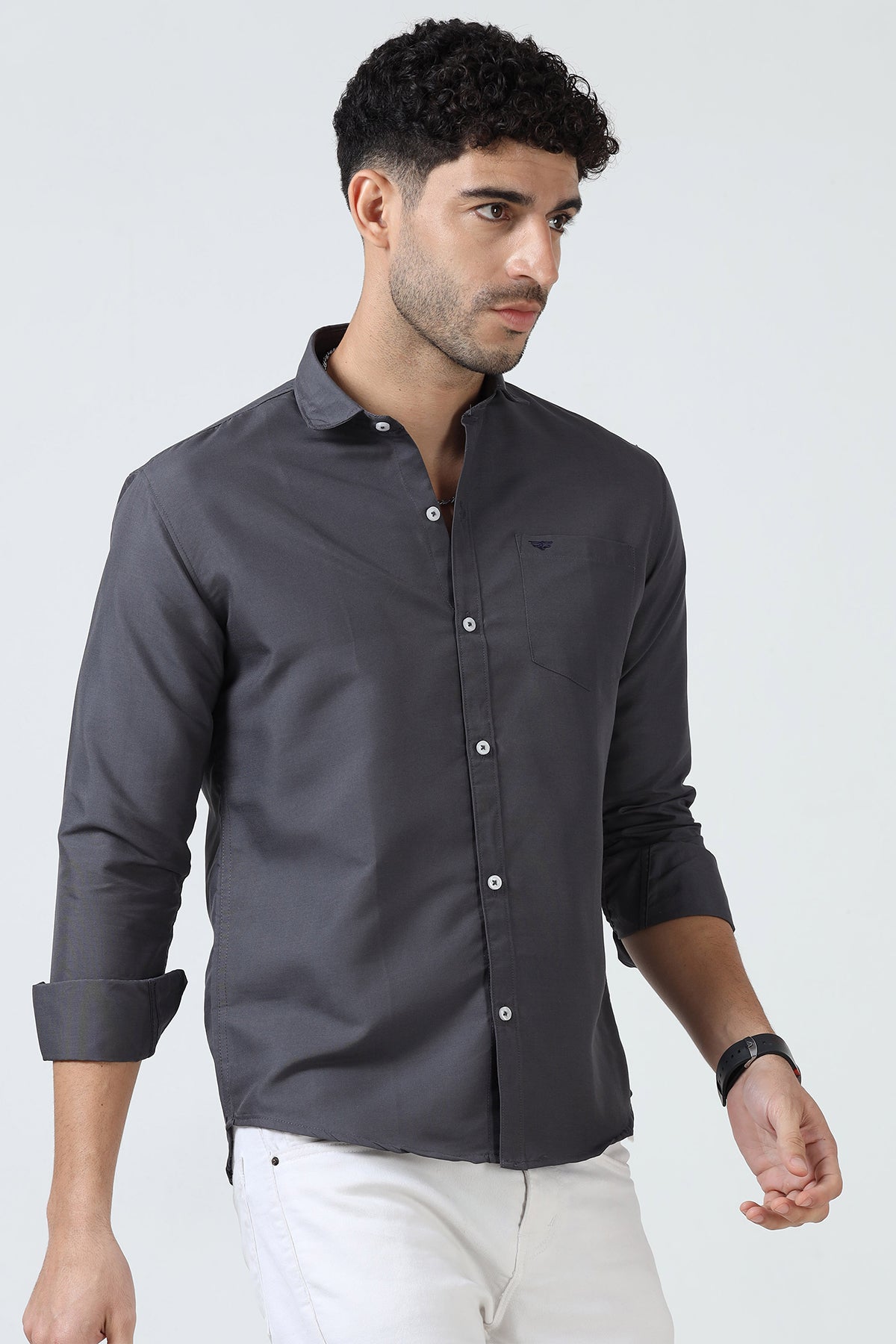 Grey Plain Cotton Solid Shirt