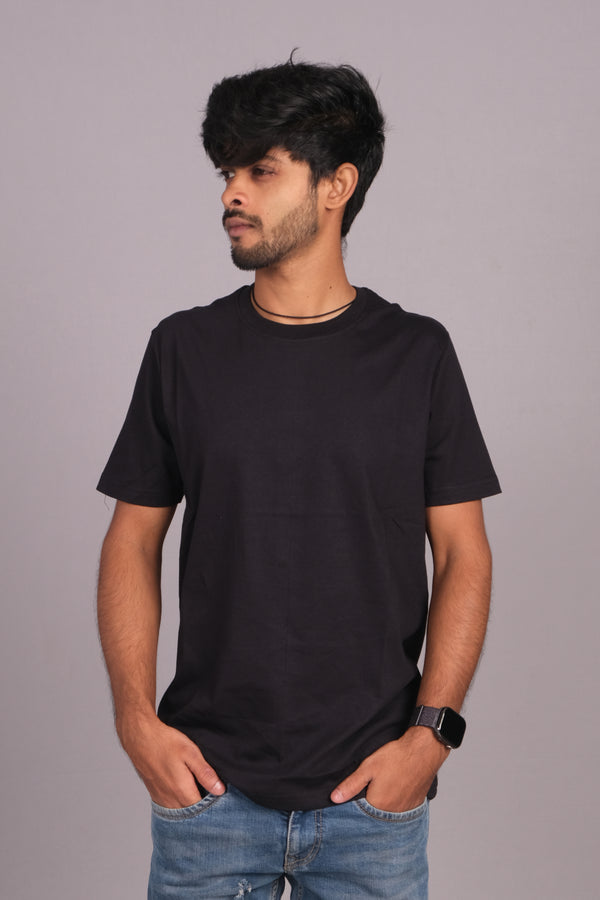 Men Cotton Black Round Neck T-shirt