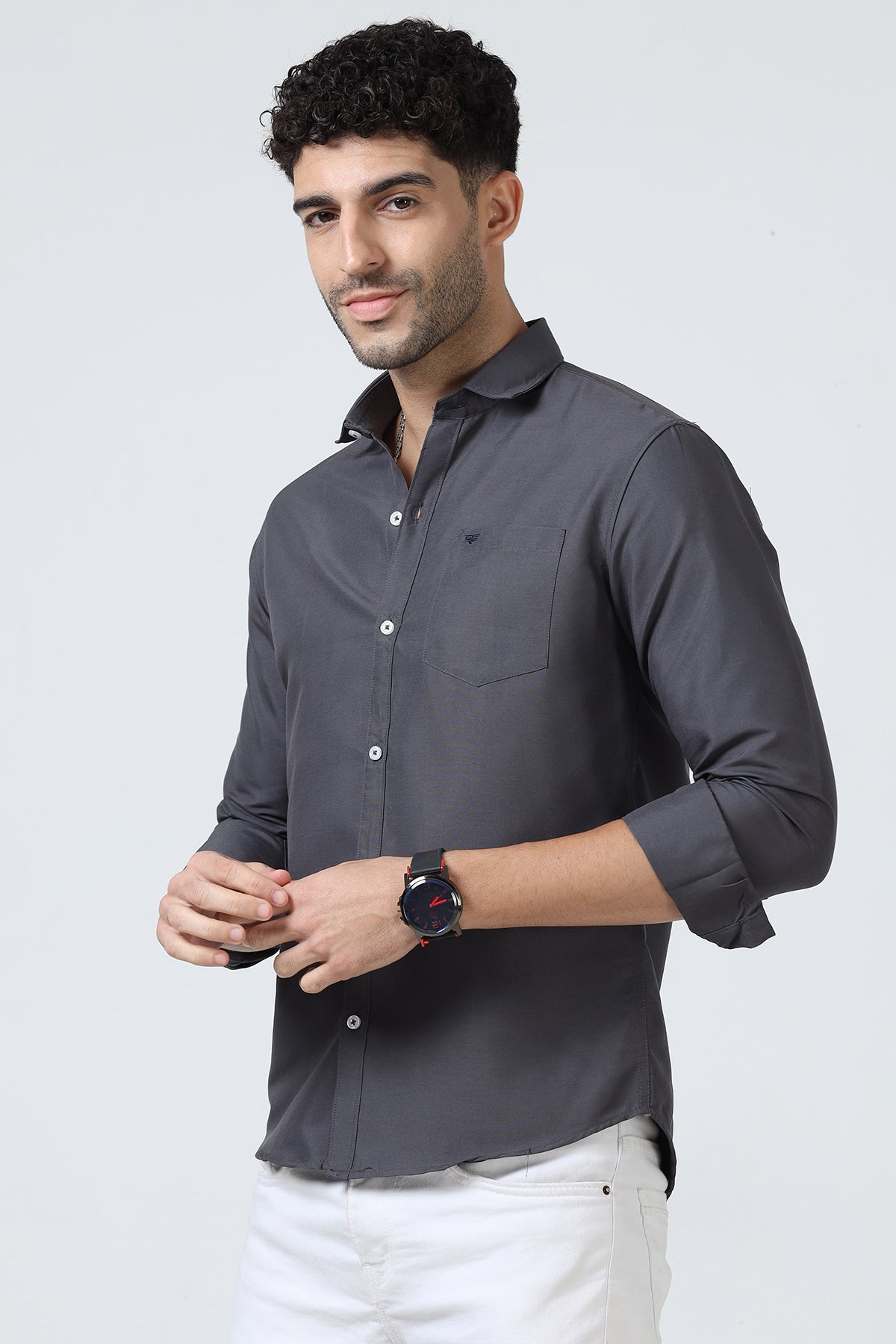 Grey Plain Cotton Solid Shirt