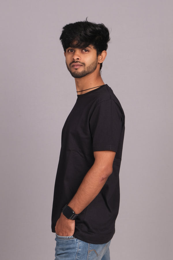 Men Cotton Black Round Neck T-shirt