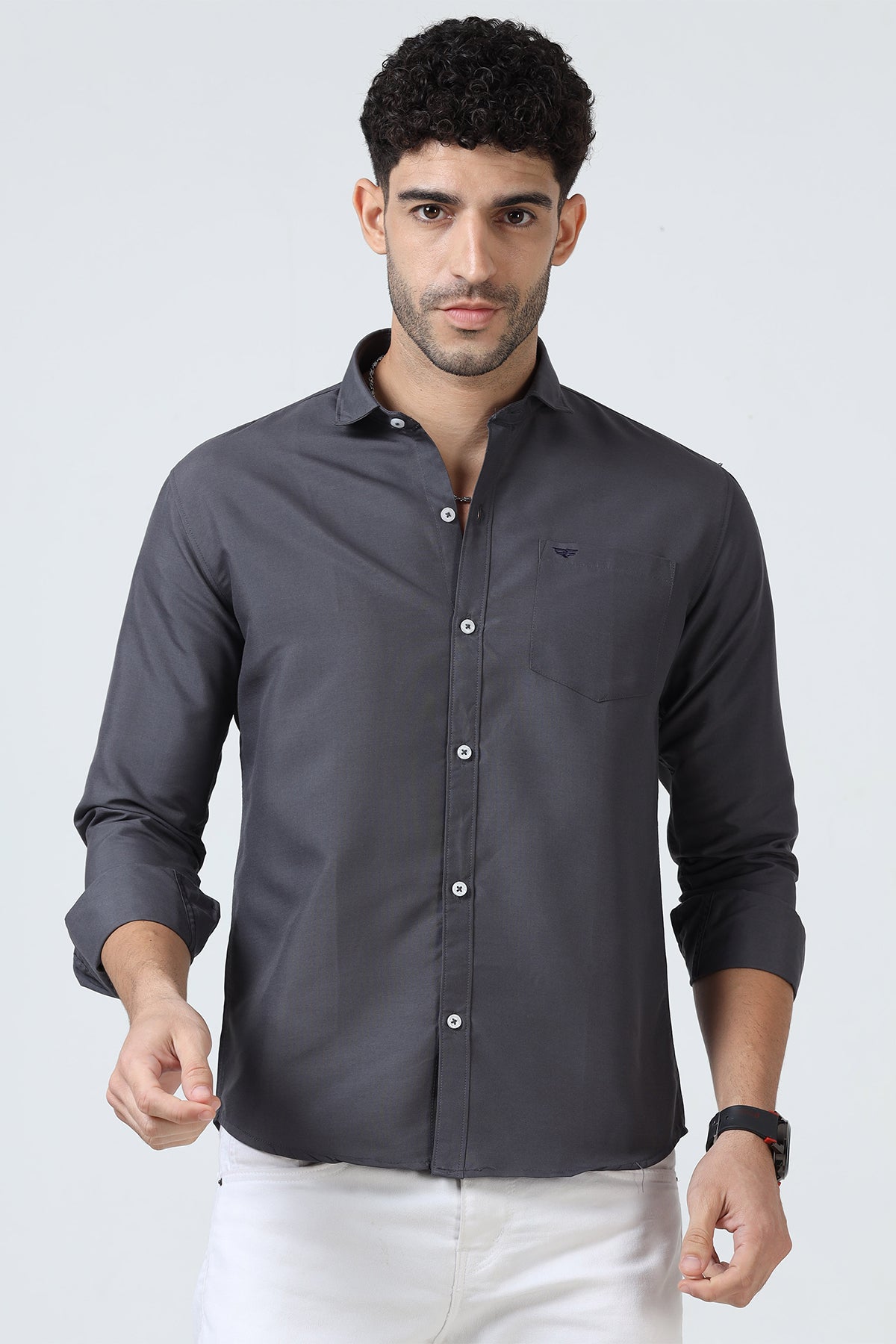 Grey Plain Cotton Solid Shirt