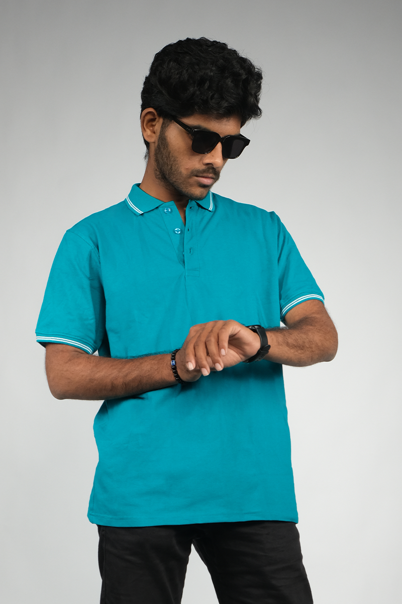 Cotton Honeycomb Polo T-shirts Teal Blue