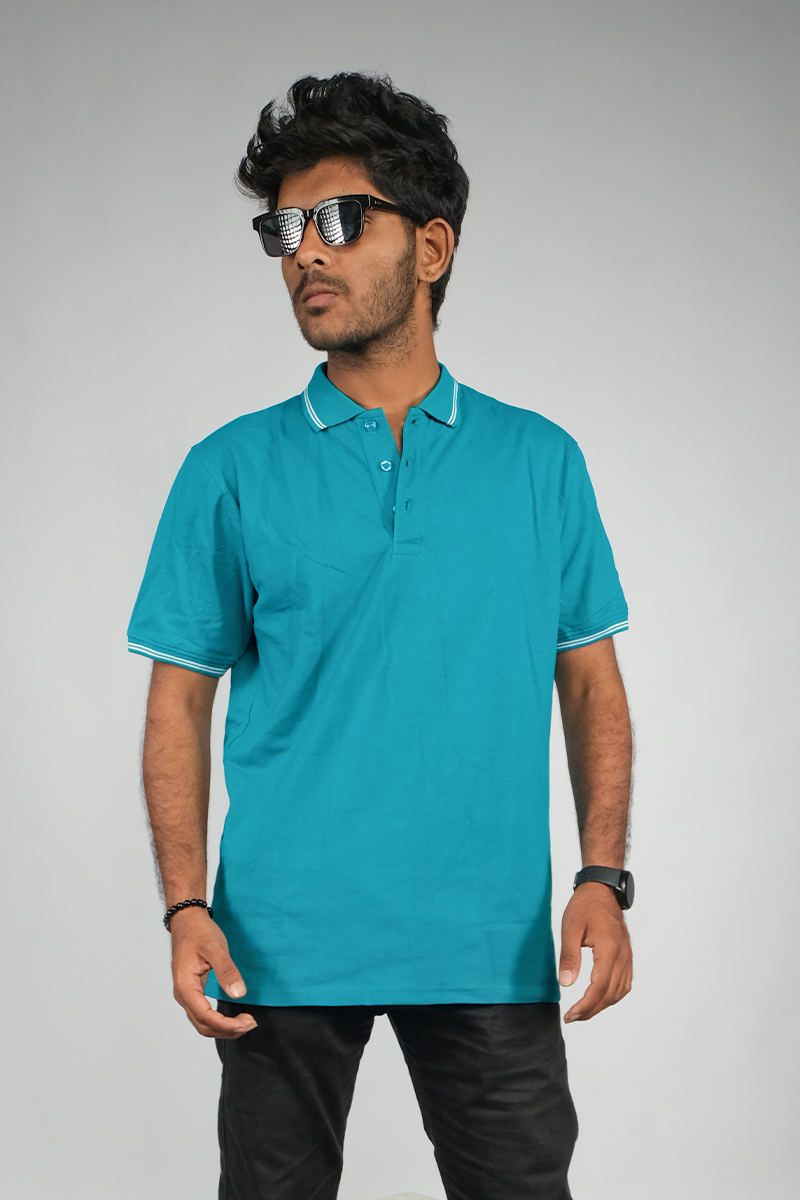 Cotton Honeycomb Polo T-shirts Teal Blue