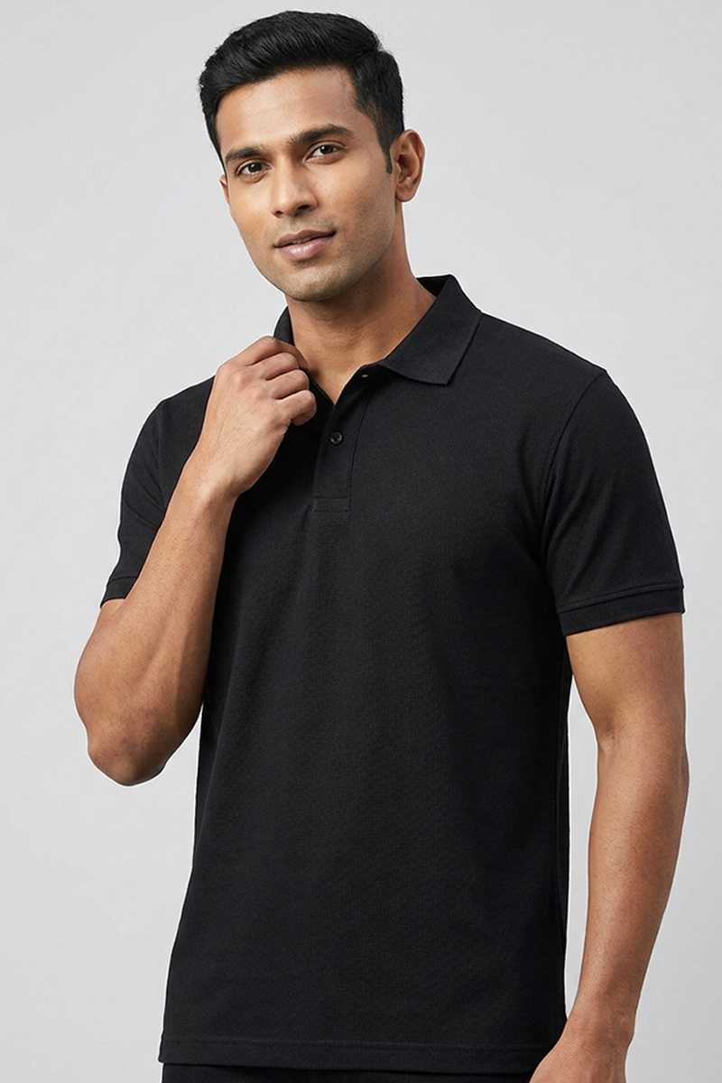 Cotton Rich Solid Half Sleeve Polo T-Shirt Black