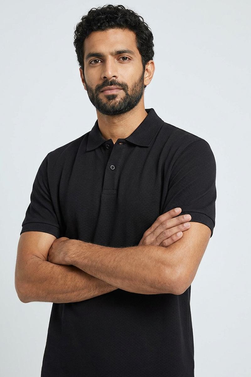 Cotton Rich Solid Half Sleeve Polo T-Shirt Black