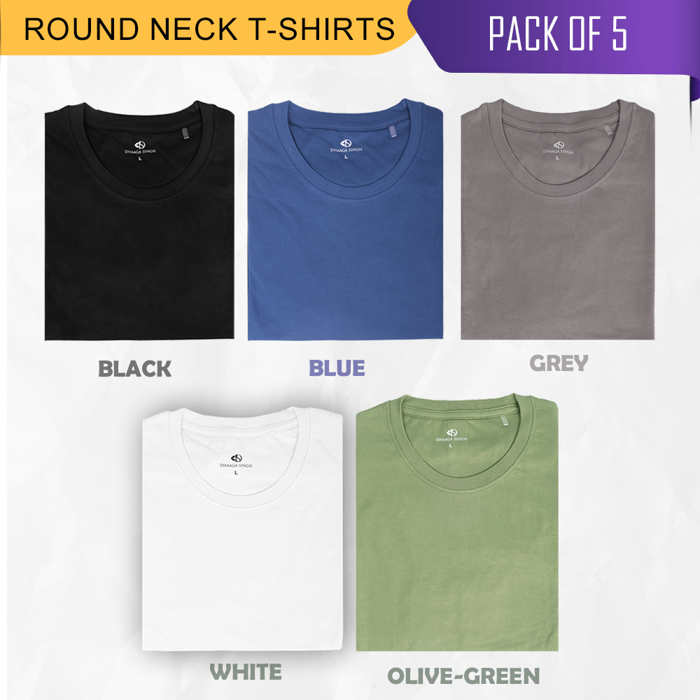 Cotton Round Neck T-shirts - Pack of 5