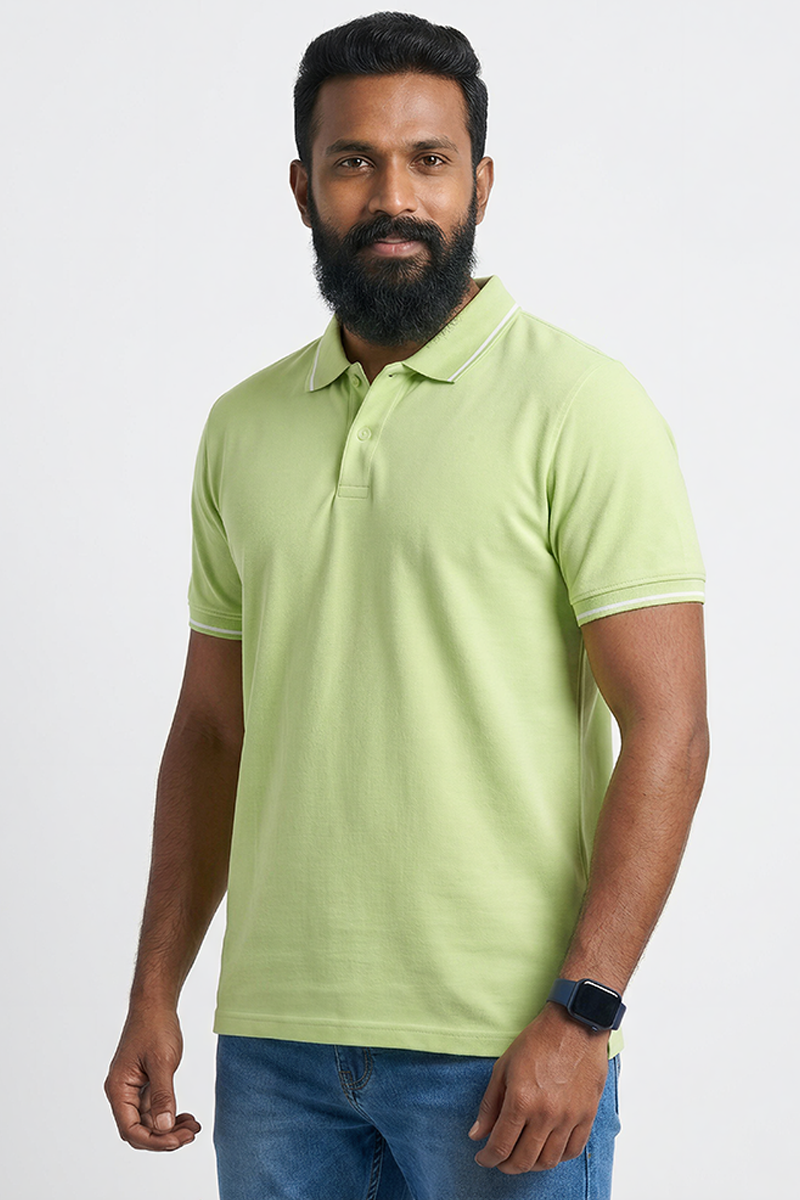 Men Cotton Light Green Collar Neck T-shirt