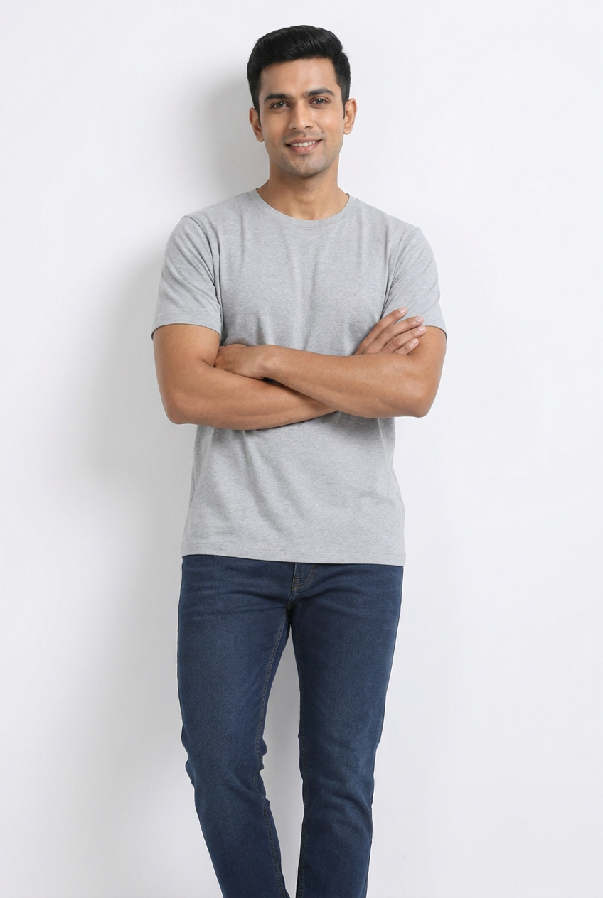 Men Cotton Melange Grey Round Neck T-shirt