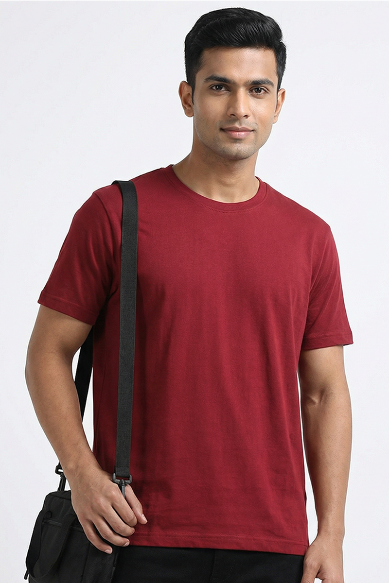 Men Cotton Maroon Round Neck T-shirt