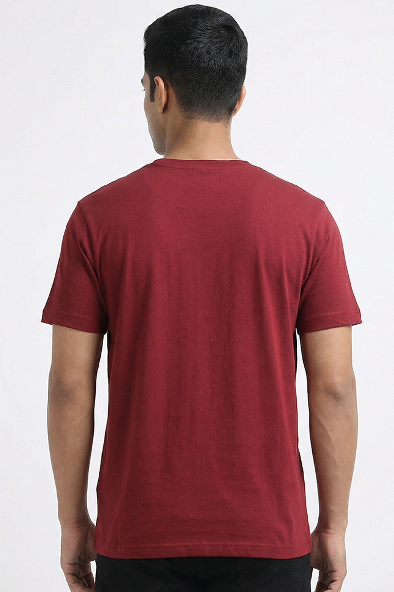 Men Cotton Maroon Round Neck T-shirt