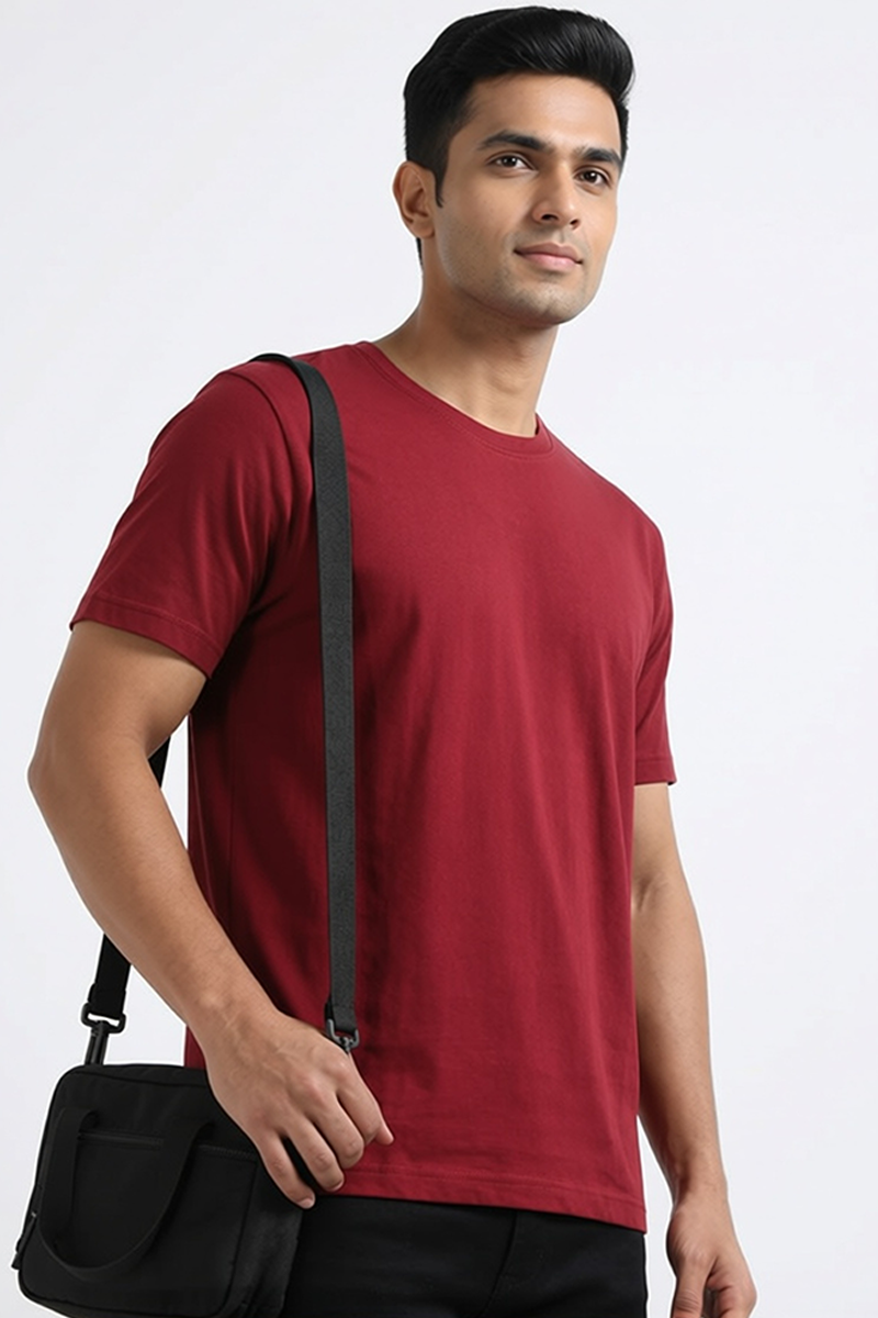 Men Cotton Maroon Round Neck T-shirt