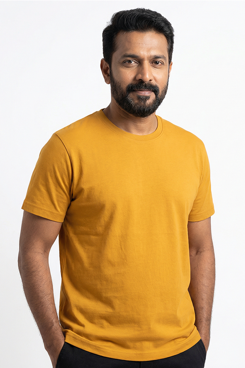 Men Cotton Mustard Round Neck T-shirt