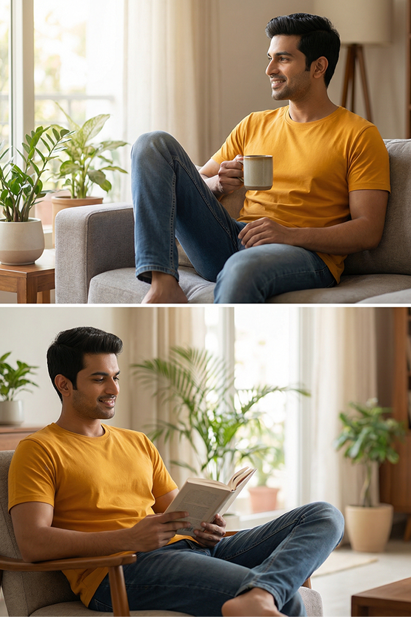 Men Cotton Mustard Round Neck T-shirt