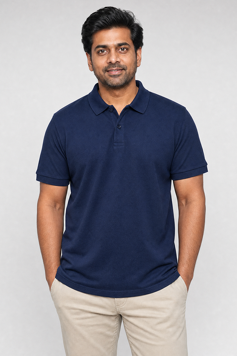 Cotton Rich Solid Half Sleeve Polo T-Shirt Navy Blue