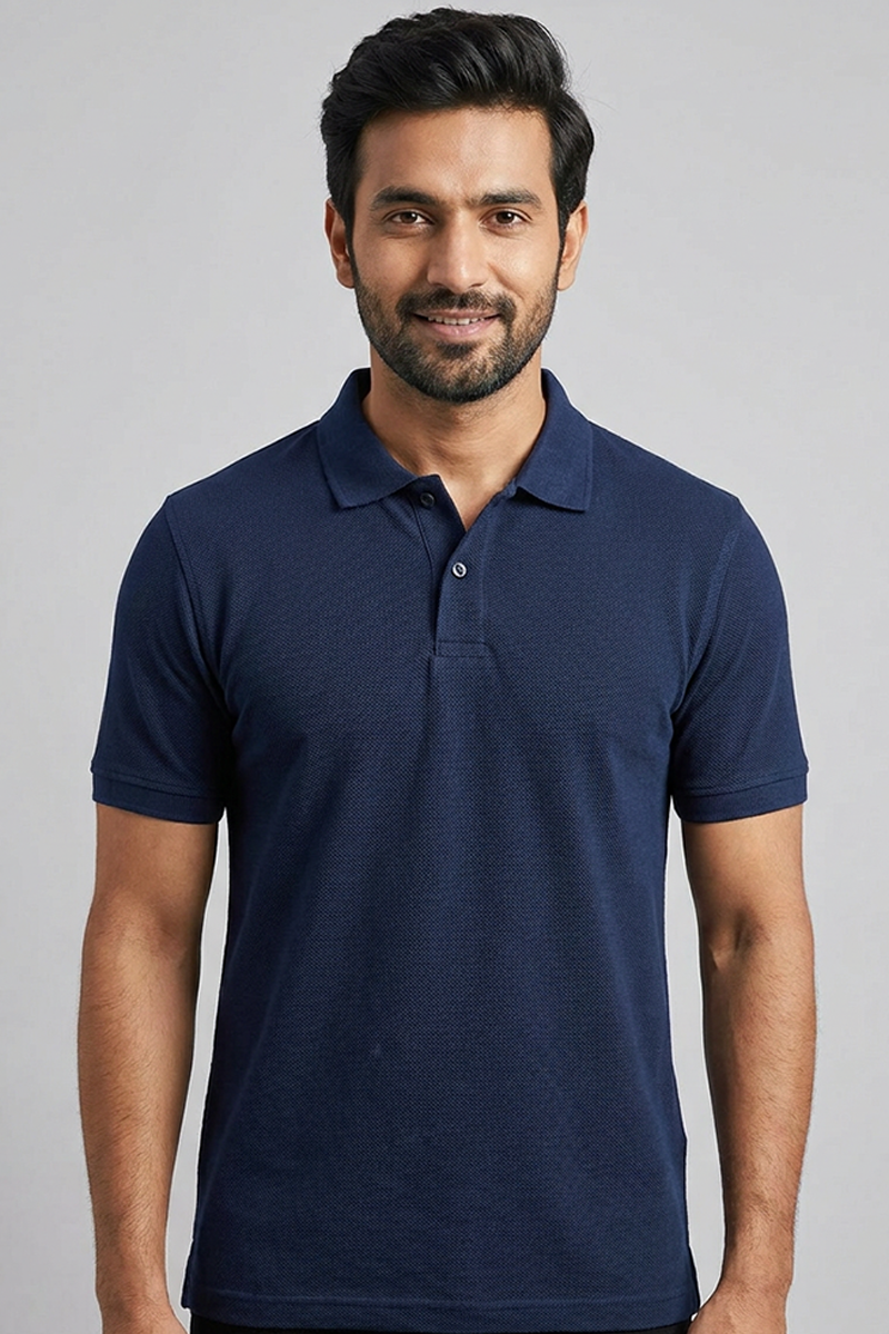 Cotton Rich Solid Half Sleeve Polo T-Shirt Navy Blue