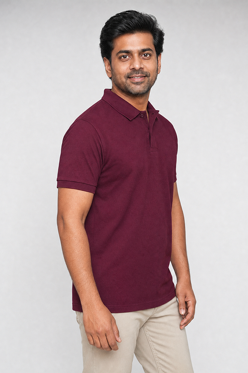 Cotton Rich Solid Half Sleeve Polo T-Shirt Plum Wine