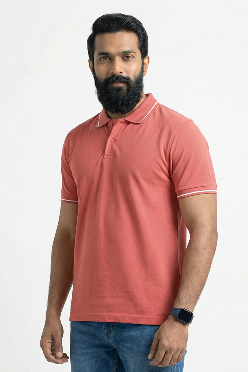 Men Cotton Rose Pink Collar Neck T-shirt