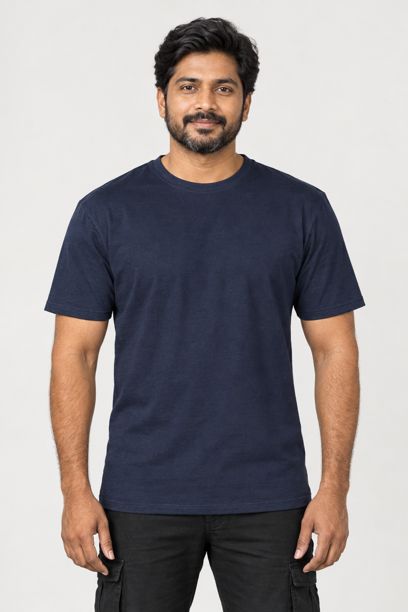 Cotton Round Neck Navy Blue T-Shirt
